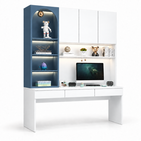 Bàn Học Liền Kệ Trang Trí Màu Trắng Xanh ZM-70087 - 1600x600x2200mm - ZM-70087.2