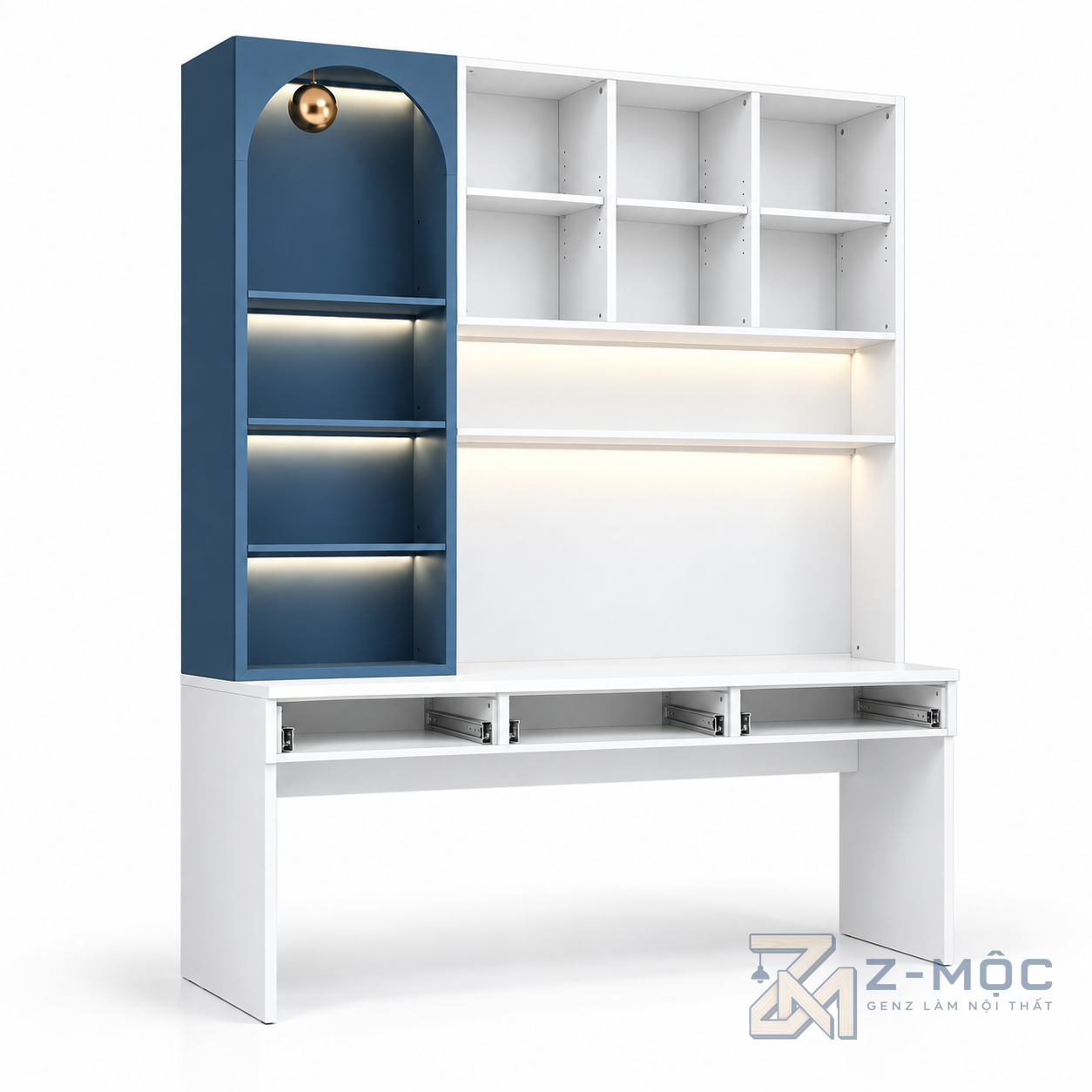 Bàn Học Liền Kệ Trang Trí Màu Trắng Xanh ZM-70087 - ảnh chi tiết 5