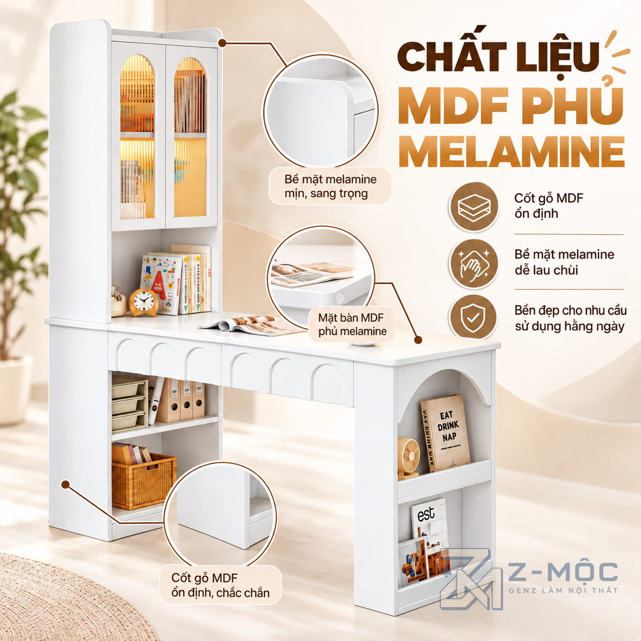 Bàn Học Liền Tủ Kính Vòm Màu Trắng Hiện Đại ZM-70088 - ảnh chi tiết 2