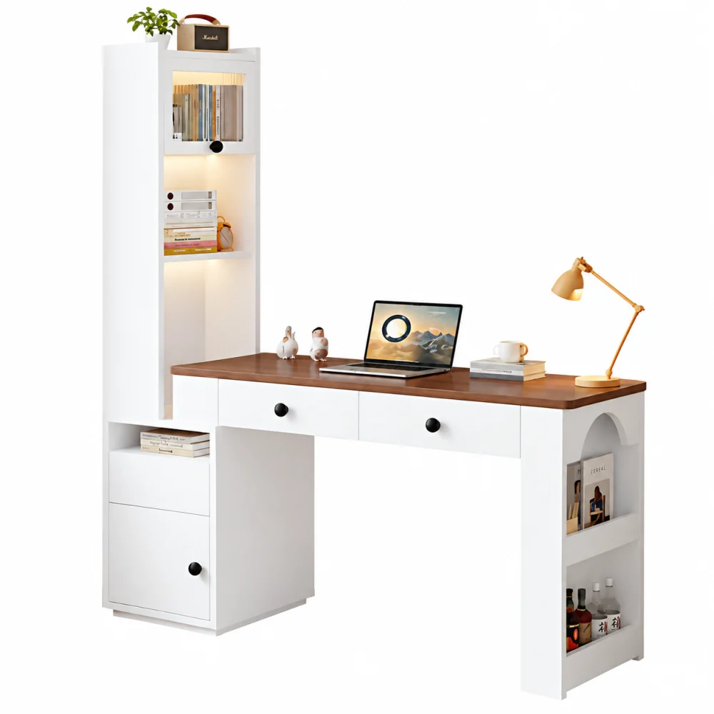 Bàn Làm Việc Liền Gỗ Công Nghiệp Bền Đẹp Hiện Đại, Tích Hợp Tủ Sách