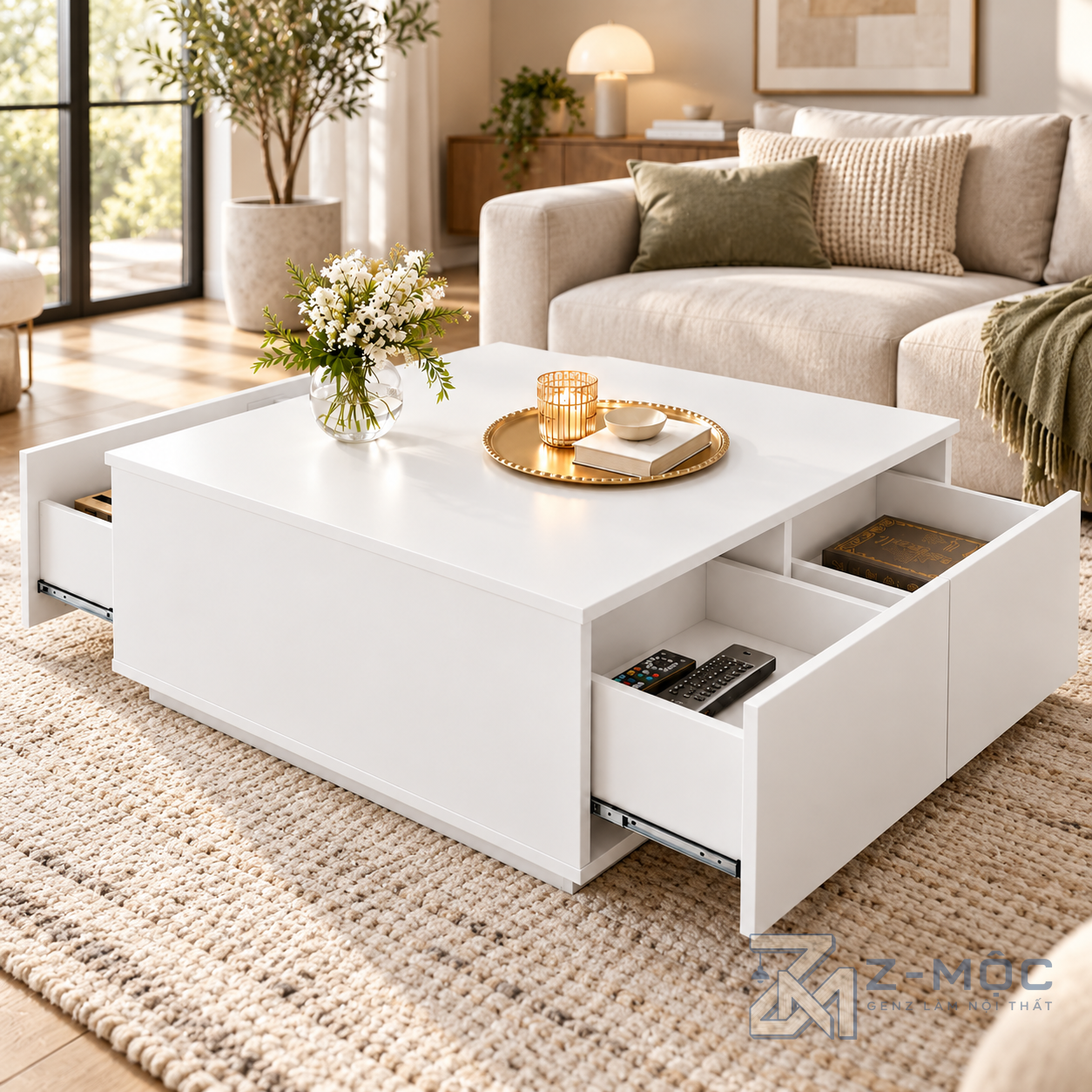 Bàn Trà Gỗ MDF Dáng Vuông Nhiều Ngăn Kéo ZM-91008 - ảnh chi tiết 7