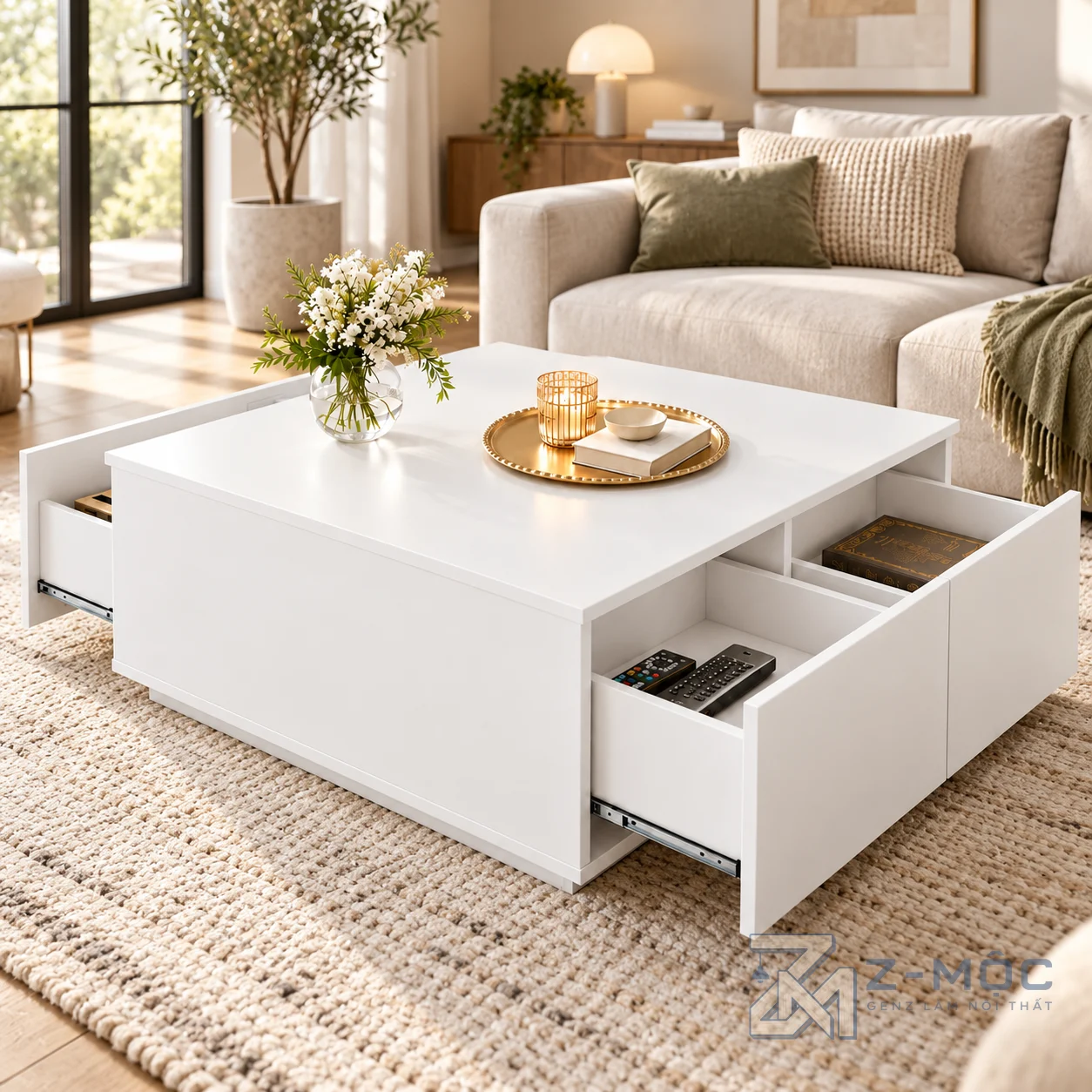 Bàn Trà Gỗ MDF Dáng Vuông Nhiều Ngăn Kéo ZM-91008 - ảnh chi tiết 7