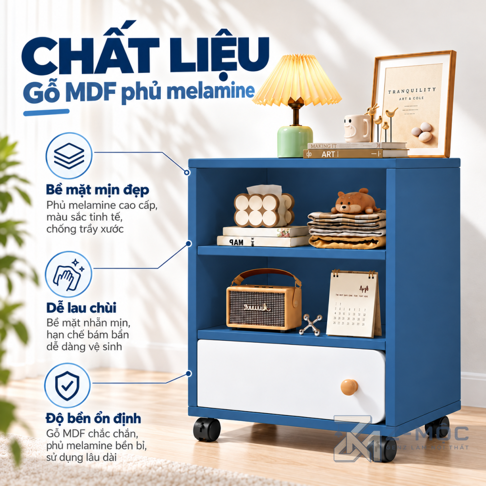 Chất liệu gỗ MDF phủ melamine bền đẹp, dễ vệ sinh