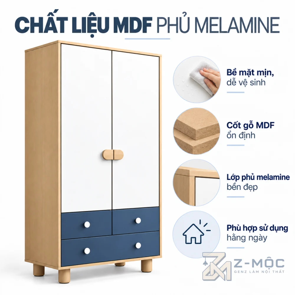 Chất liệu gỗ MDF phủ Melamine bền đẹp, dễ vệ sinh