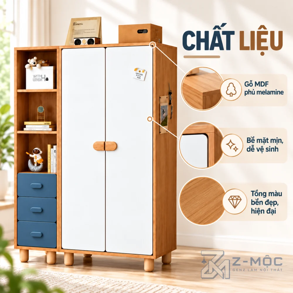 Chất liệu gỗ MDF phủ melamine bền đẹp, dễ vệ sinh