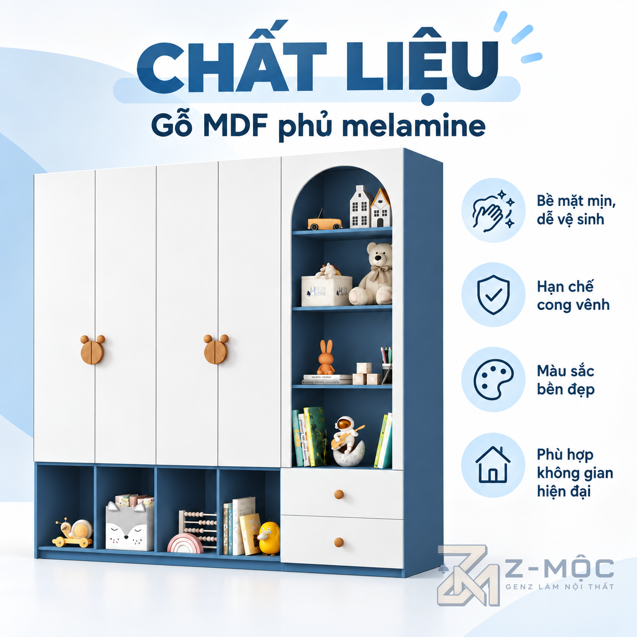 Chất liệu gỗ MDF phủ melamine bền và dễ vệ sinh