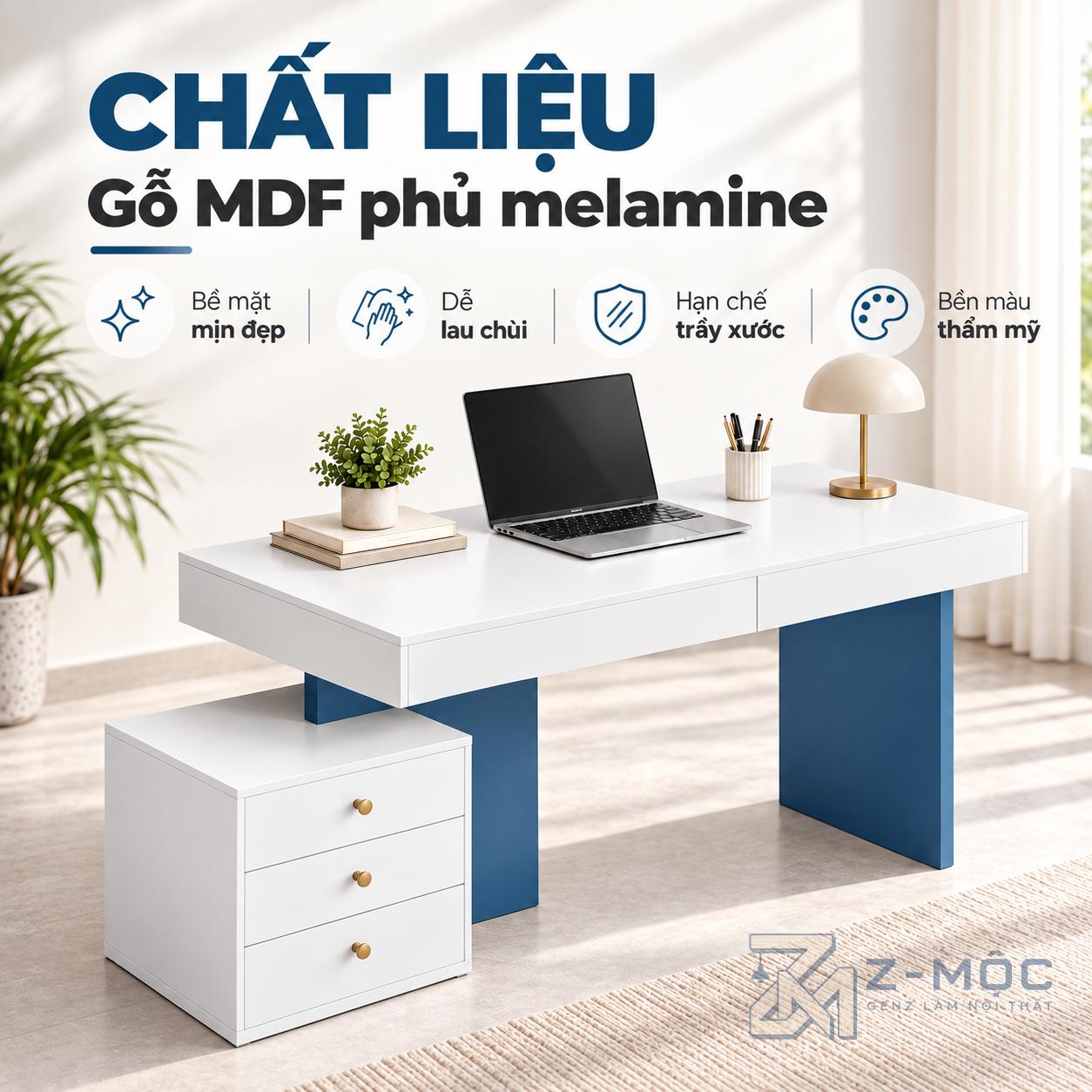 Chất liệu gỗ MDF phủ melamine bền và dễ vệ sinh
