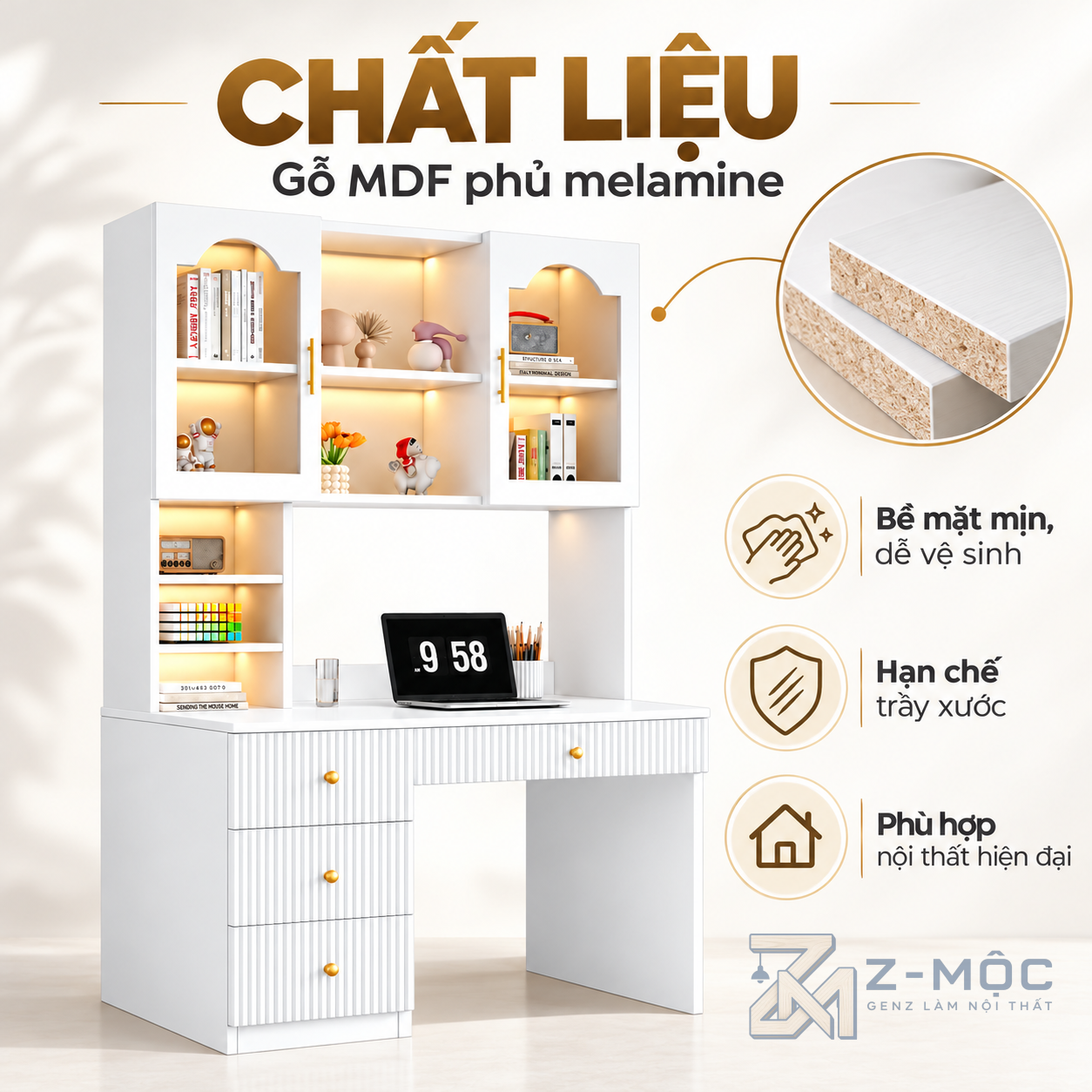 Chất liệu gỗ MDF phủ Melamine kết hợp cánh phun sơn S8 cao cấp