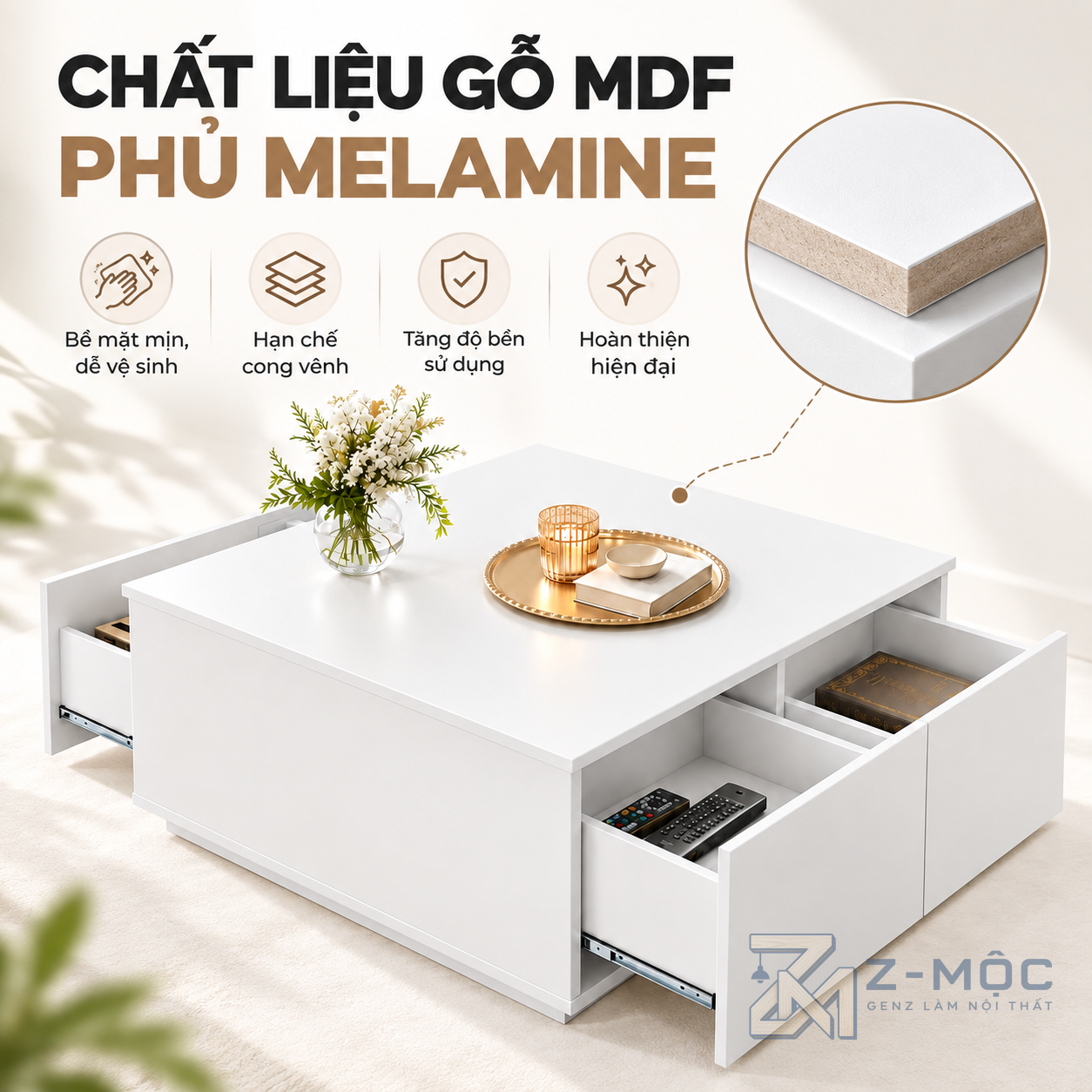 Chất liệu gỗ MDF phủ melamine