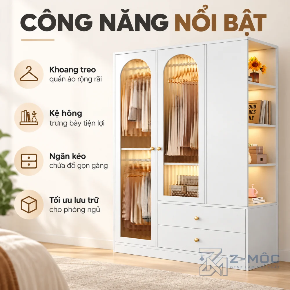 Công năng lưu trữ tiện lợi với ngăn kéo và kệ mở