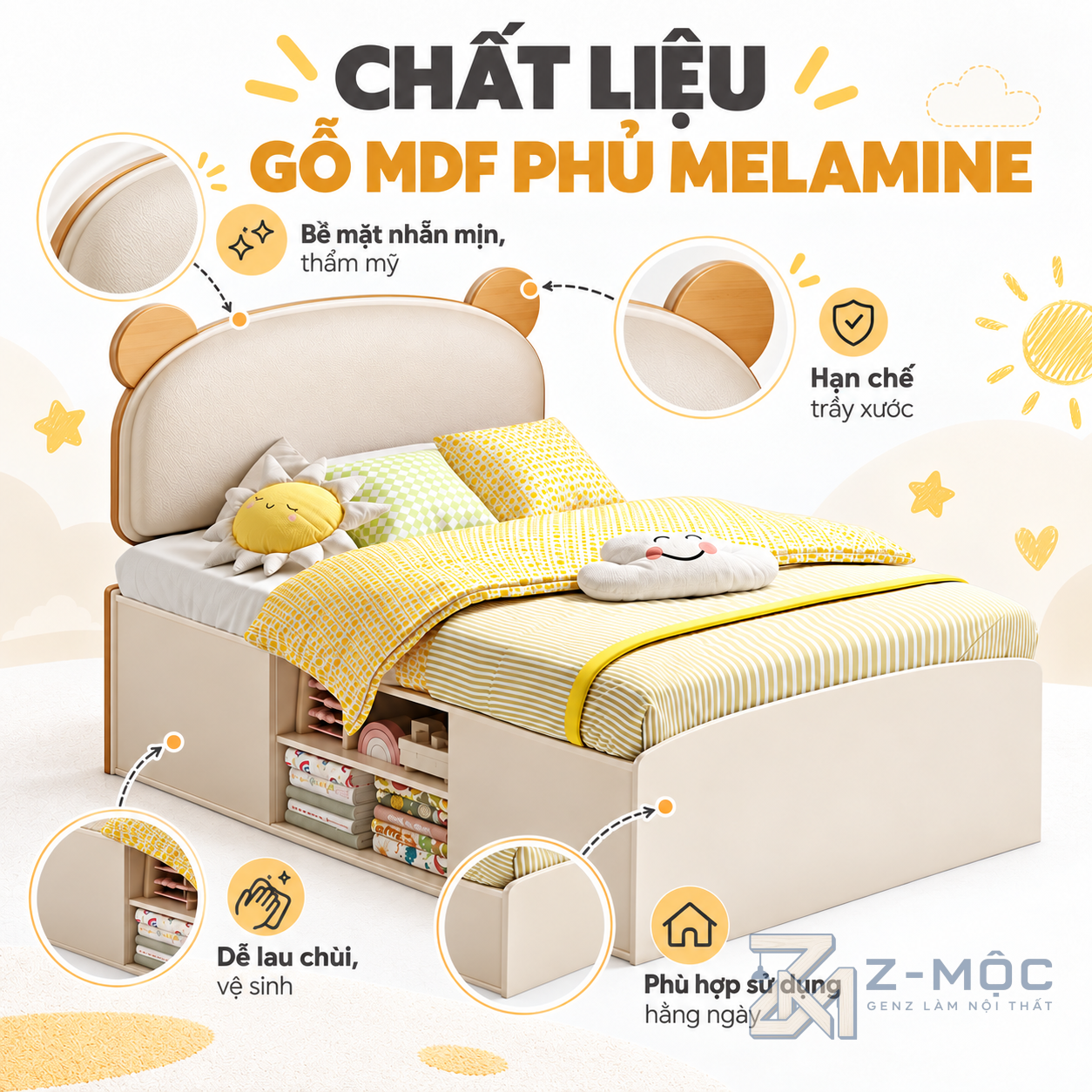 Gỗ MDF phủ melamine bền đẹp, dễ vệ sinh