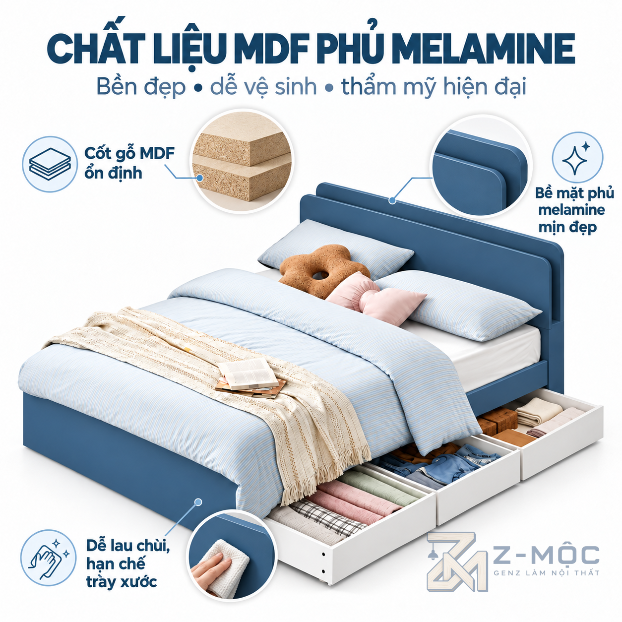 Gỗ MDF phủ melamine bền đẹp, dễ vệ sinh