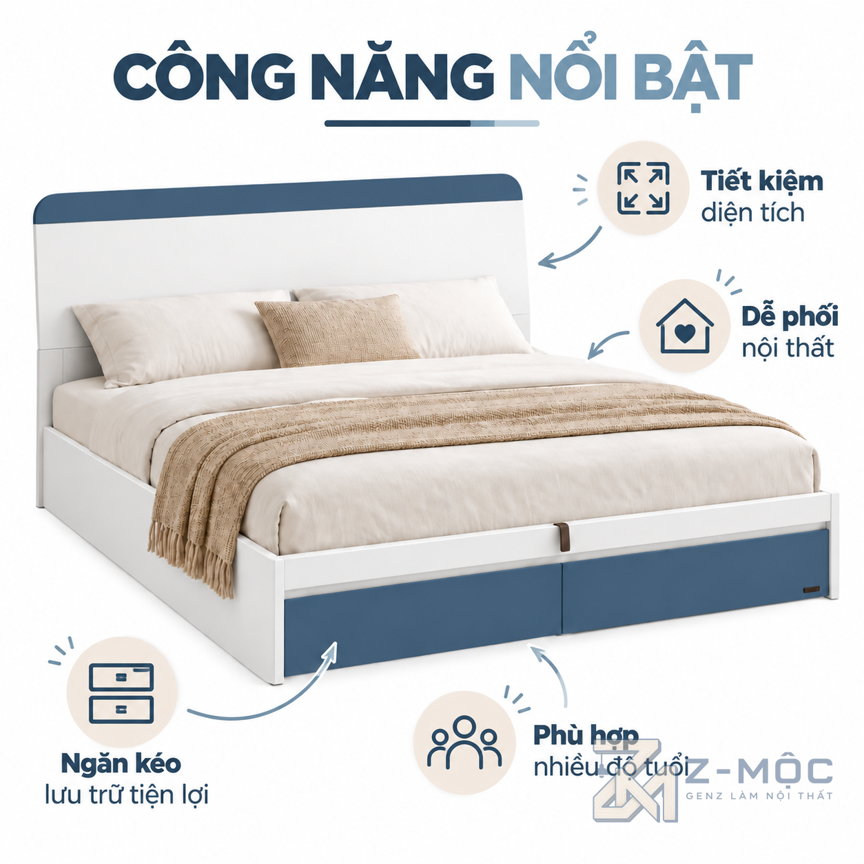 Hai ngăn kéo cuối giường tăng không gian chứa đồ