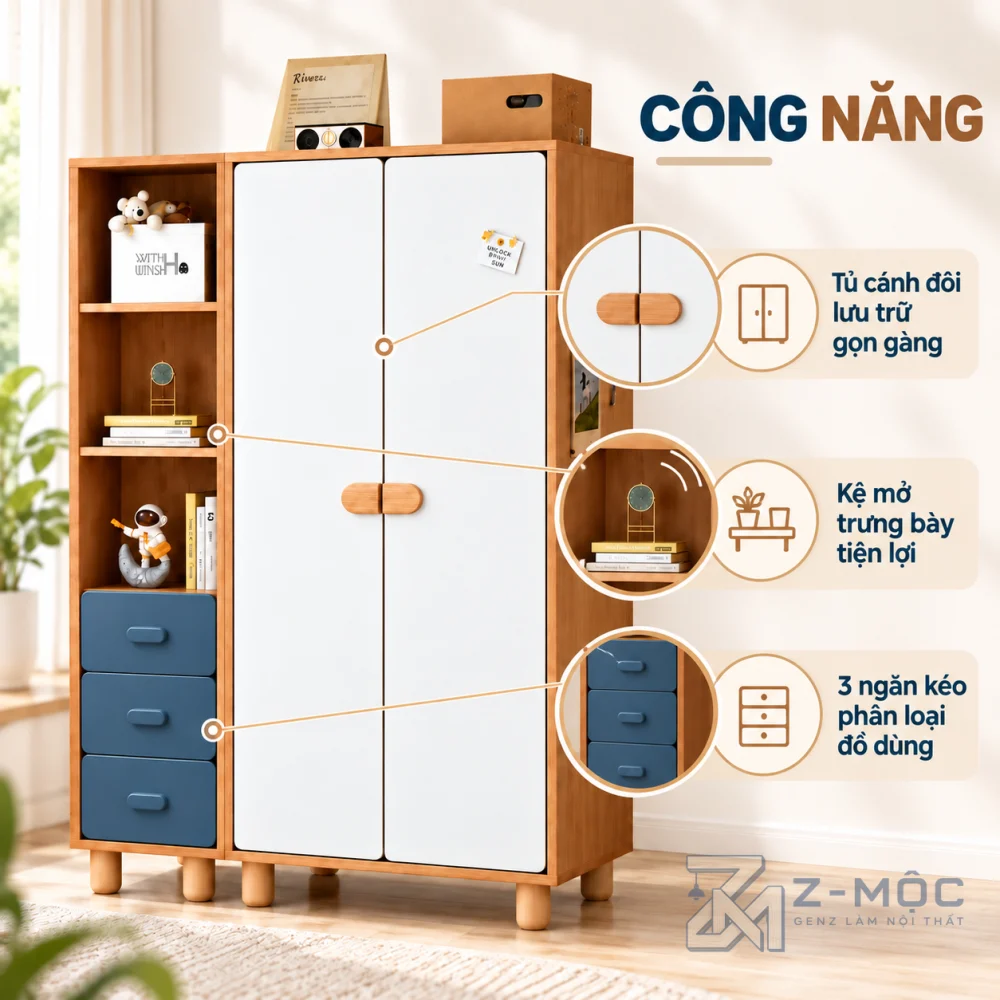 Kết hợp hai cánh tủ, ba ngăn kéo và kệ mở tiện dụng