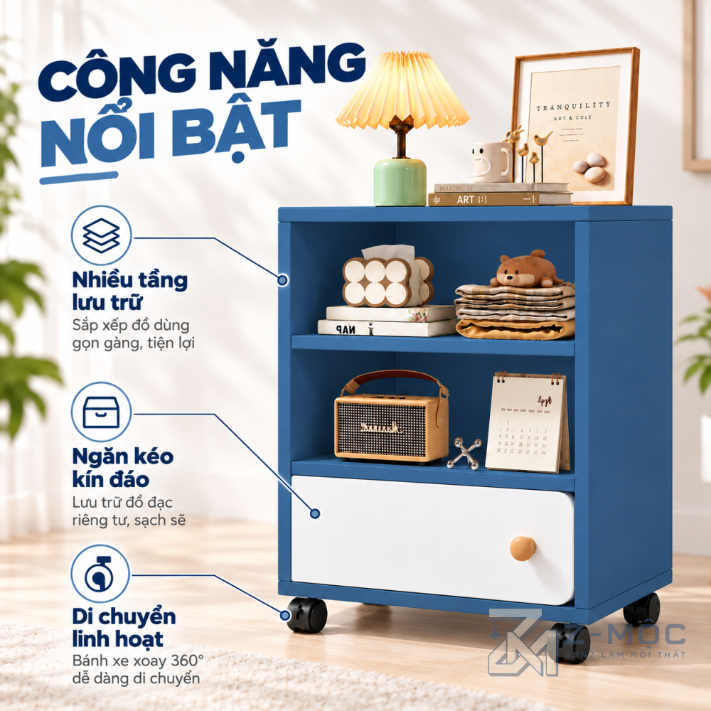 Không gian lưu trữ rộng rãi với hai tầng kệ và ngăn kéo