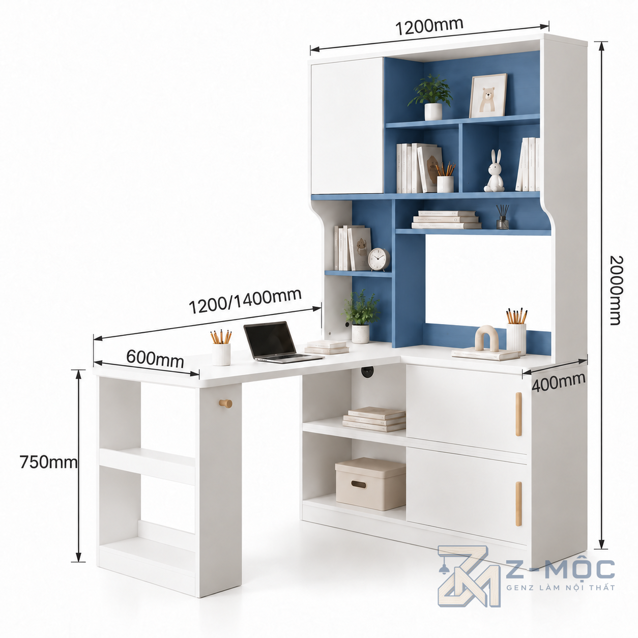 Kích thước chi tiết Bàn Học Chữ L Nhiều Ngăn Độc Đáo Màu Trắng Xanh ZM-70092