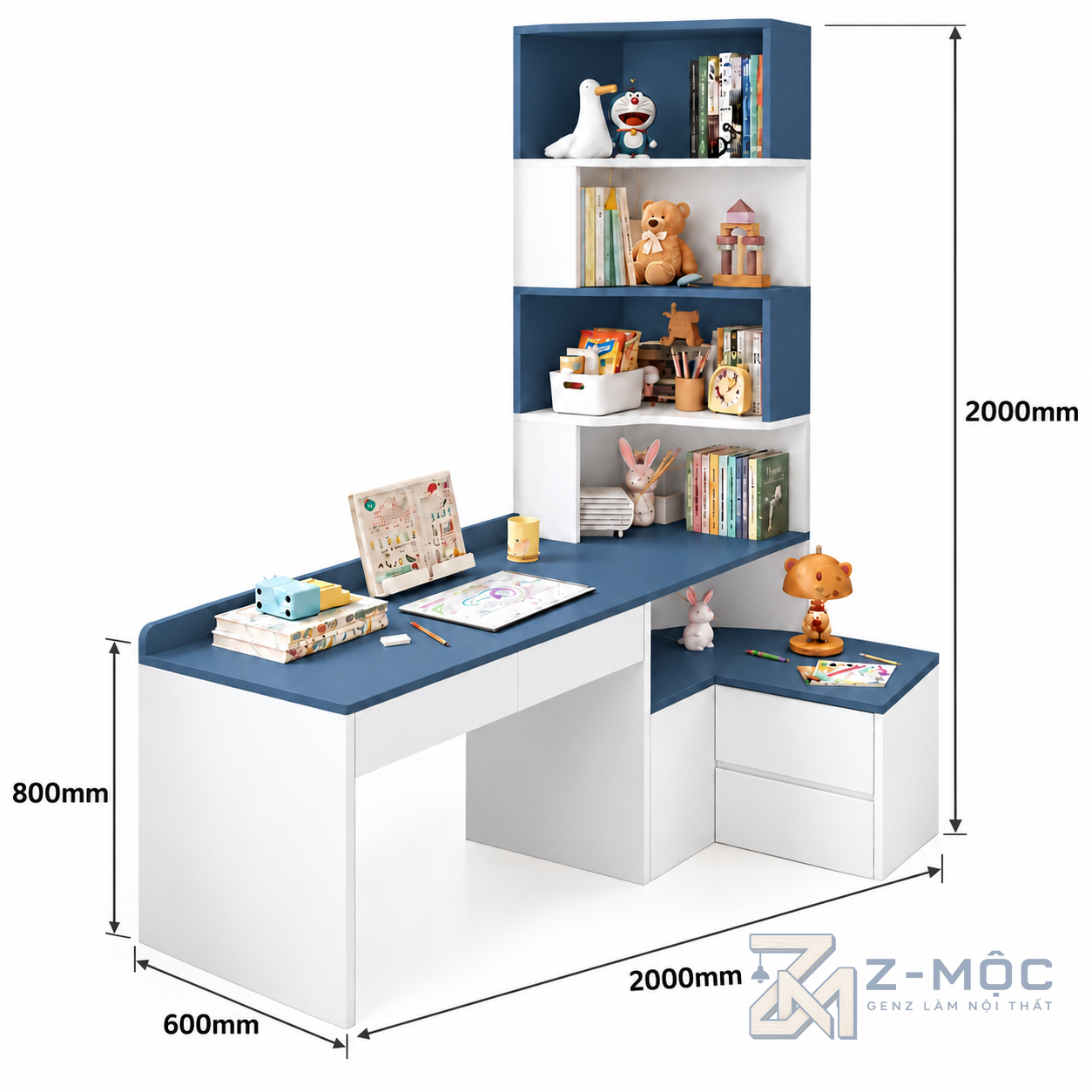 Kích thước chi tiết Bàn Học Gỗ Công Nghiệp Liền Kệ Sách Hiện Đại ZM-70093