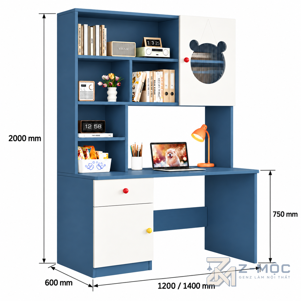 Kích thước chi tiết Bàn Học Liền Giá Sách Cánh Tủ Hình Gấu Xinh Xắn ZM-70094