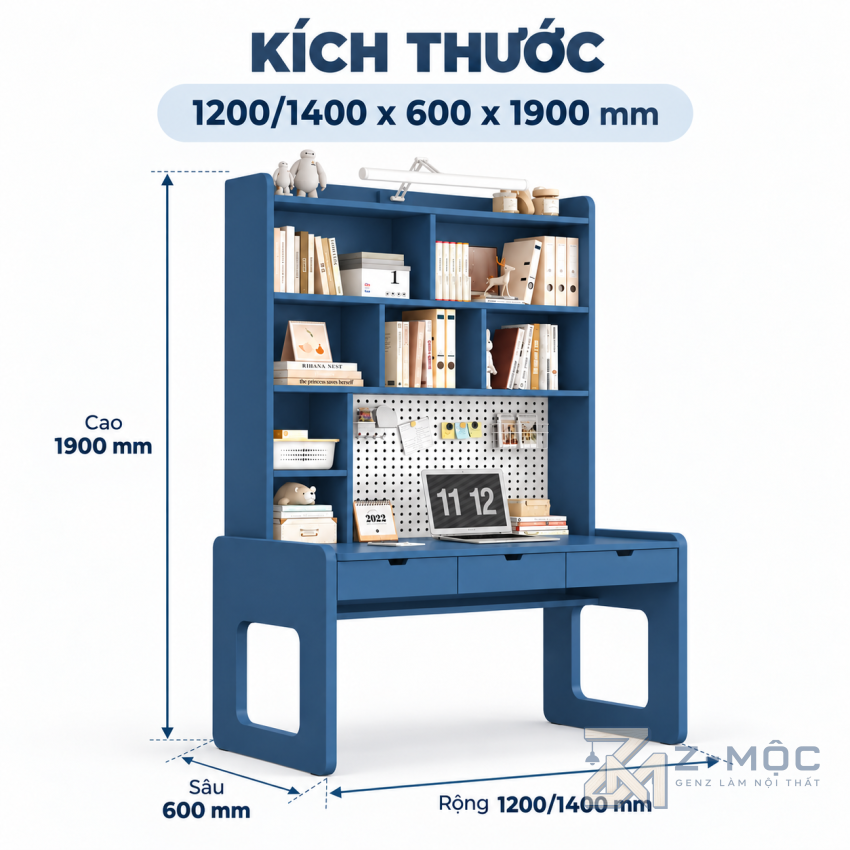 Kích thước chi tiết Bàn Học Liền Giá Sách Nhiều Ngăn Chứa Đồ ZM-70102