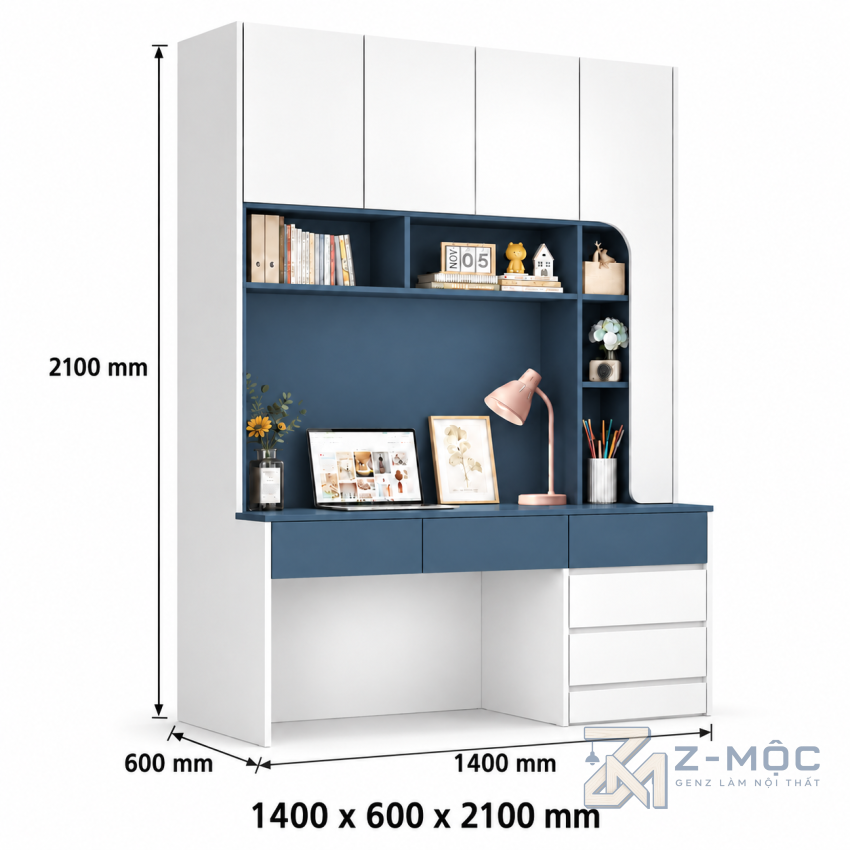 Kích thước chi tiết Bàn Học Liền Kệ Sách Gỗ Công Nghiệp Độc Đáo ZM-70097 2