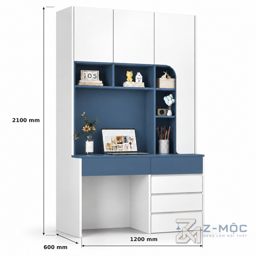 Kích thước chi tiết Bàn Học Liền Kệ Sách Gỗ Công Nghiệp Độc Đáo ZM-70097