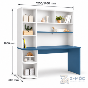 Kích thước chi tiết Bàn Học Liền Kệ Sách Góc Bo Cong Trắng Xanh ZM-70103