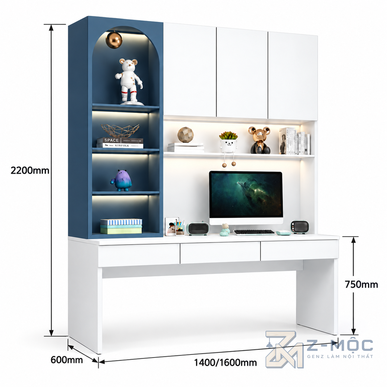 Kích thước chi tiết Bàn Học Liền Kệ Trang Trí Màu Trắng Xanh ZM-70087