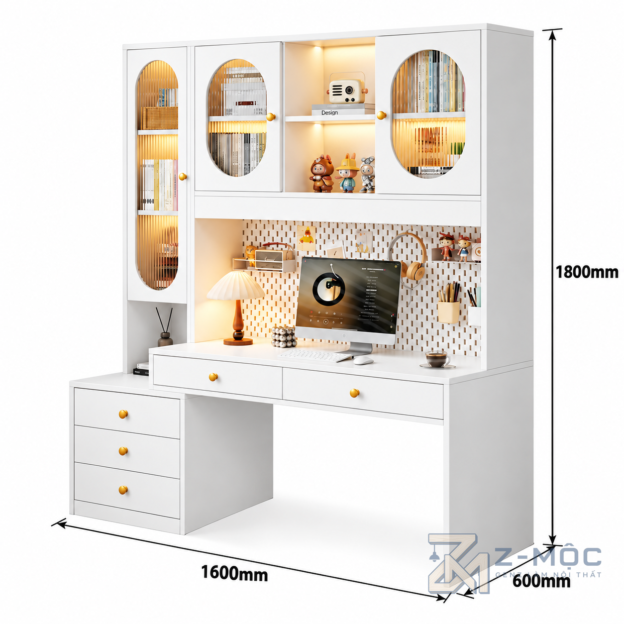 Kích thước chi tiết Bàn Học Liền Tủ Kính Có Bảng Treo Đồ ZM-70089 2
