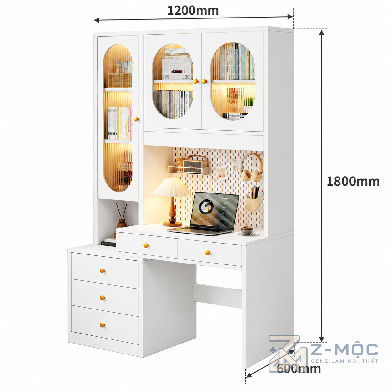 Kích thước chi tiết Bàn Học Liền Tủ Kính Có Bảng Treo Đồ ZM-70089