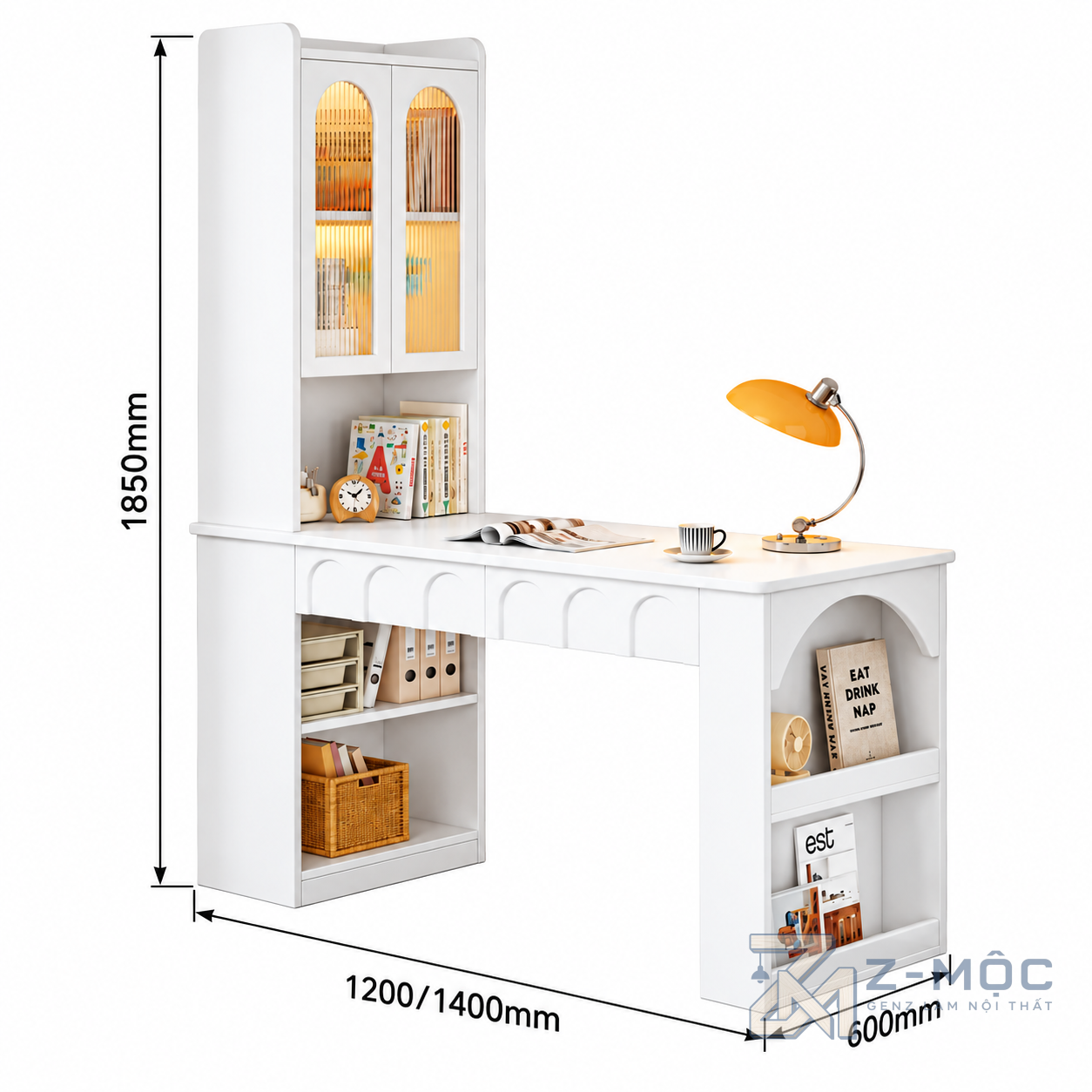 Kích thước chi tiết Bàn Học Liền Tủ Kính Vòm Màu Trắng Hiện Đại ZM-70088