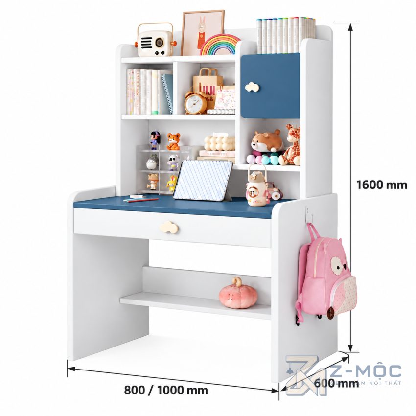 Kích thước chi tiết Bàn Học Trẻ Em Liền Giá Sách Nhỏ Gọn Tiện Dụng ZM-70098