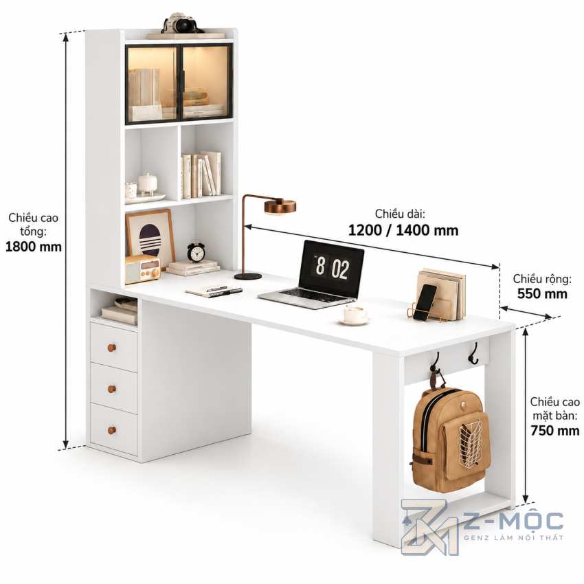 Kích thước chi tiết Bàn Học Và Làm Việc Thiết Kế Đơn Giản Hiện Đại ZM-70101