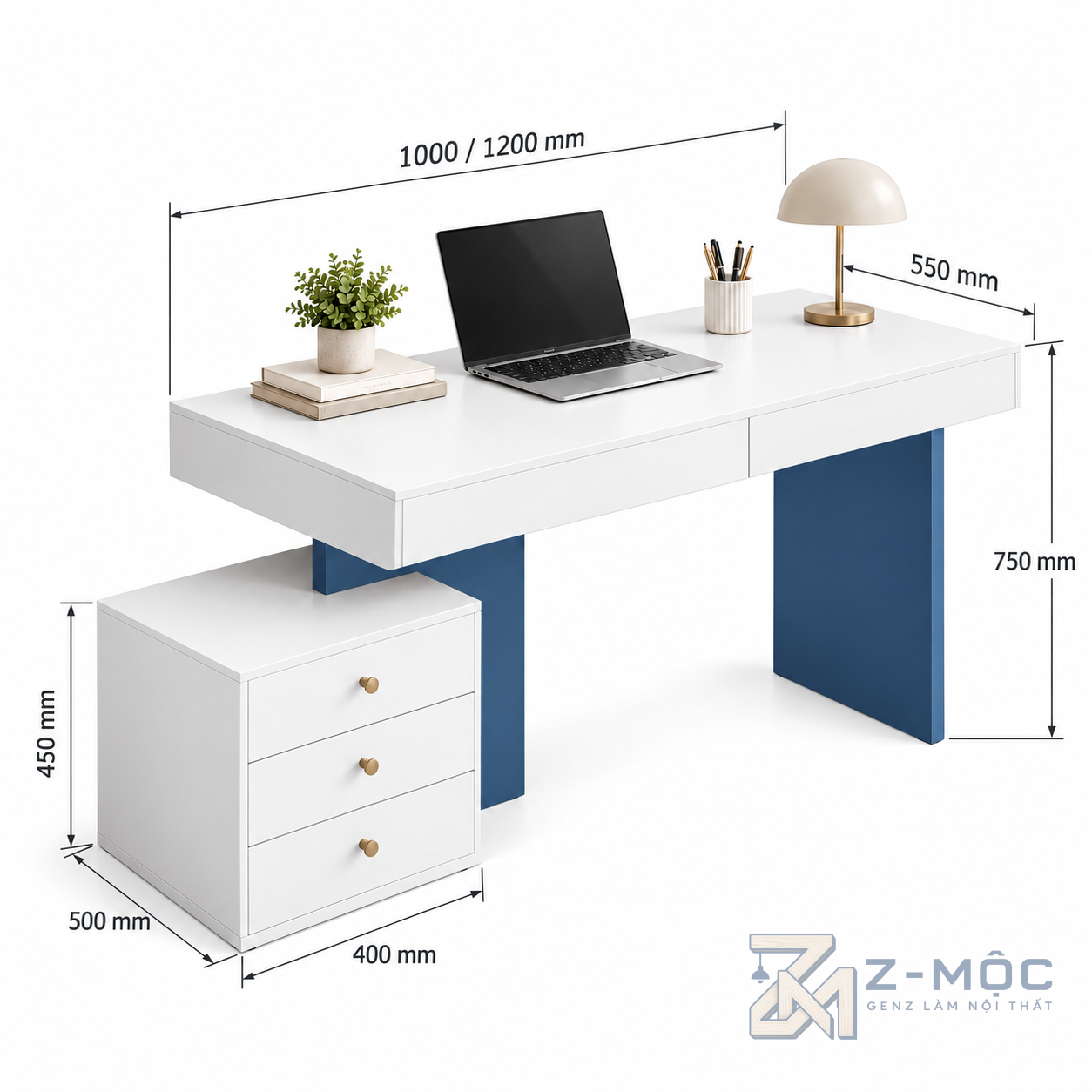 Kích thước chi tiết Bàn Làm Việc Kèm Kệ Ngăn Kéo Rời Trắng Xanh ZM-70090