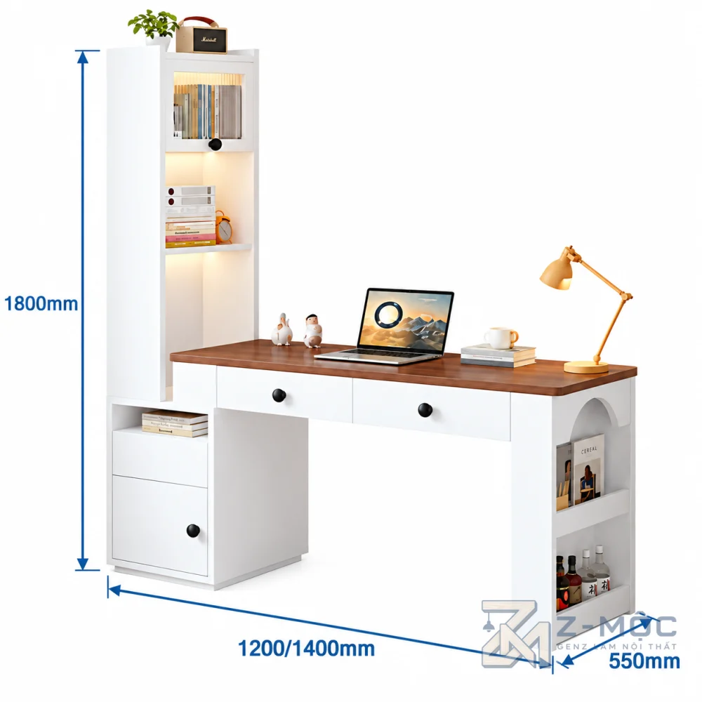 Kích thước chi tiết Bàn Làm Việc Liền Gỗ Công Nghiệp Bền Đẹp Hiện Đại ZM-70096