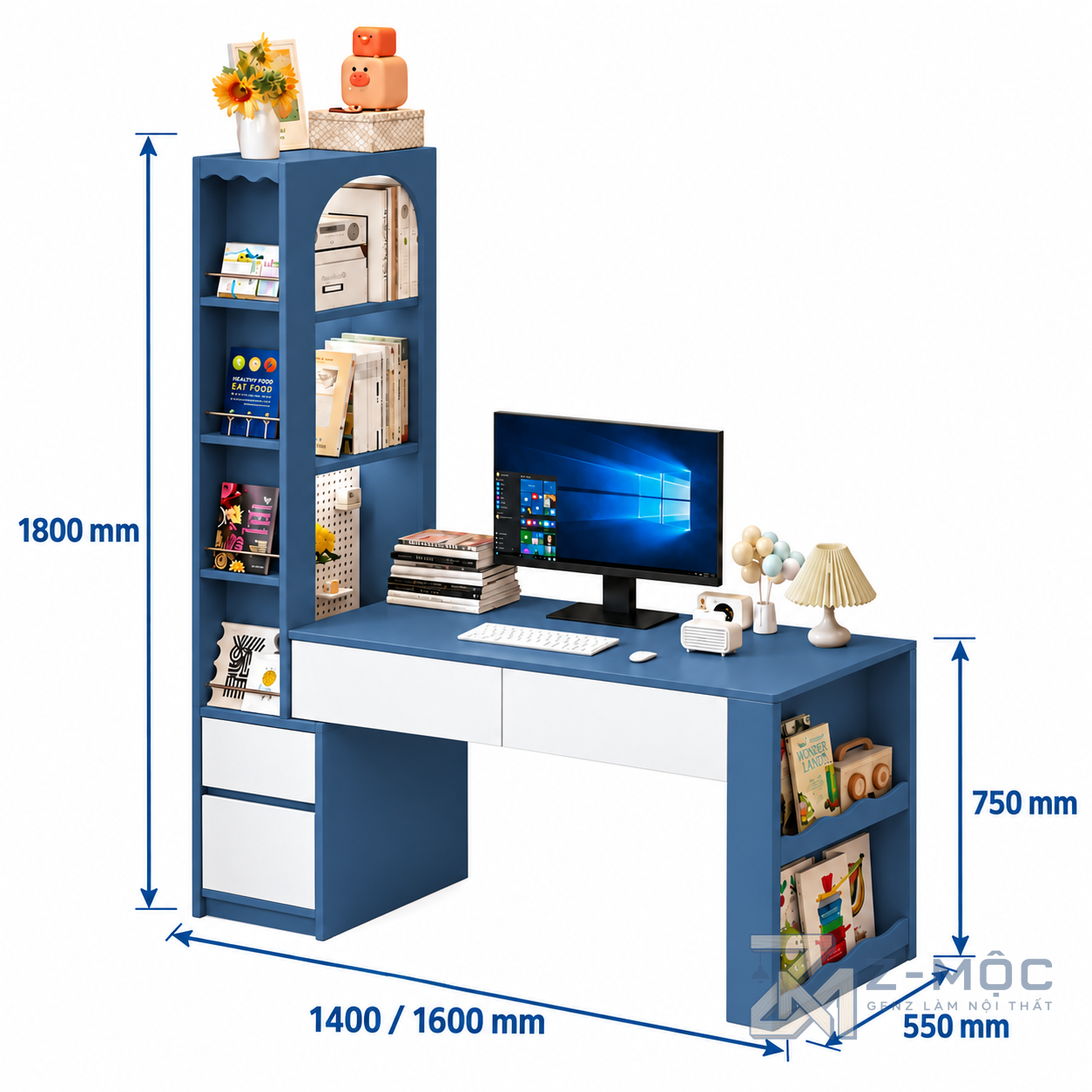 Kích thước chi tiết Bàn Làm Việc Liền Kệ Sách Vòm Xanh Trắng ZM-70095