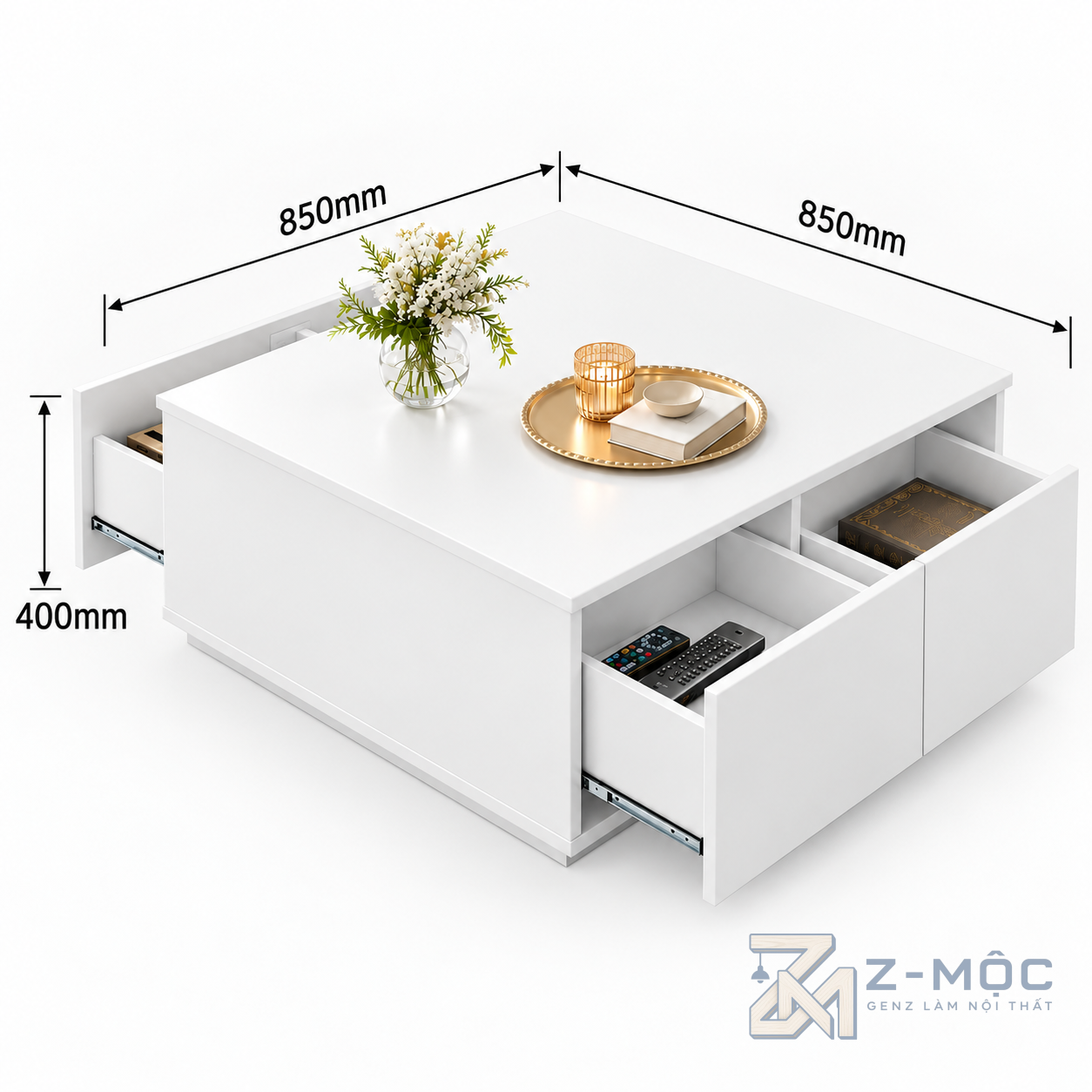 Kích thước chi tiết Bàn Trà Gỗ MDF Dáng Vuông Nhiều Ngăn Kéo ZM-91008