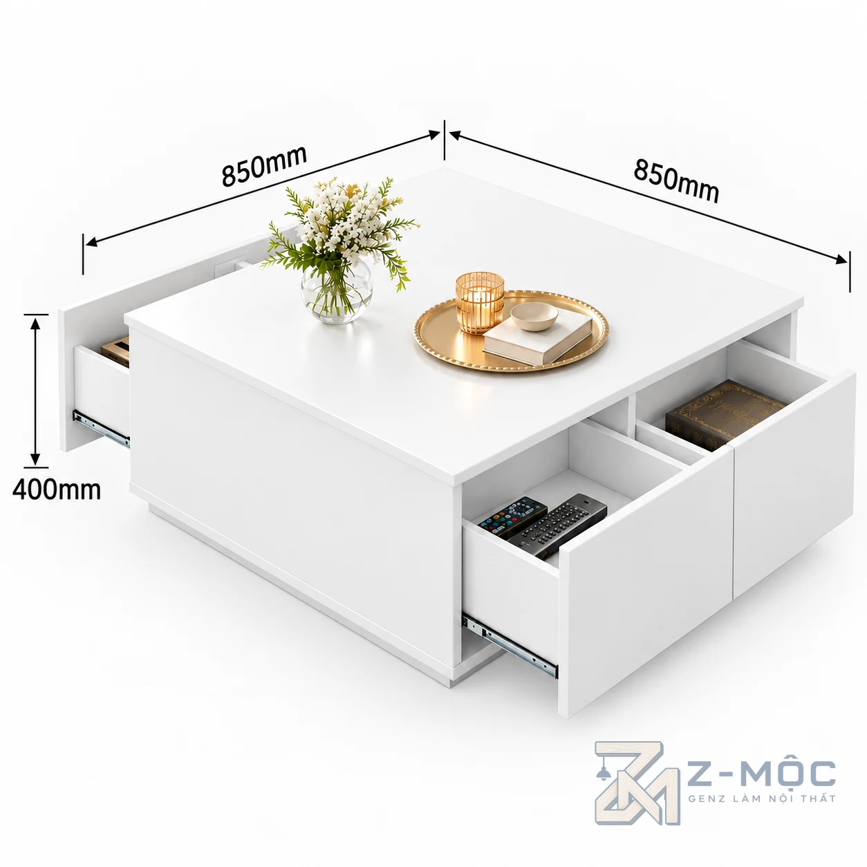 Kích thước chi tiết Bàn Trà Gỗ MDF Dáng Vuông Nhiều Ngăn Kéo ZM-91008