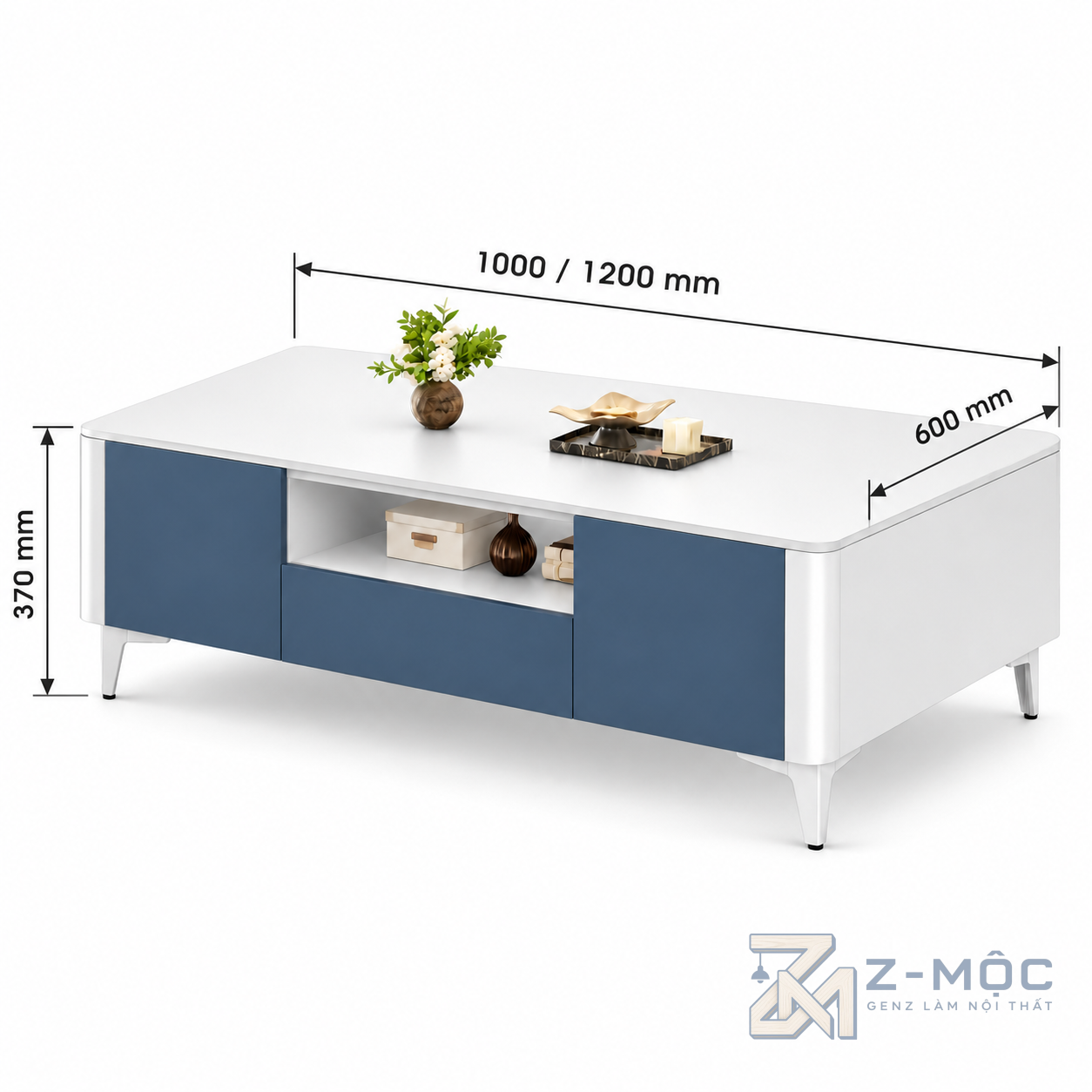 Kích thước chi tiết Bàn Trà Gỗ Trắng Xanh Có Ngăn Chứa Đồ ZM-91010