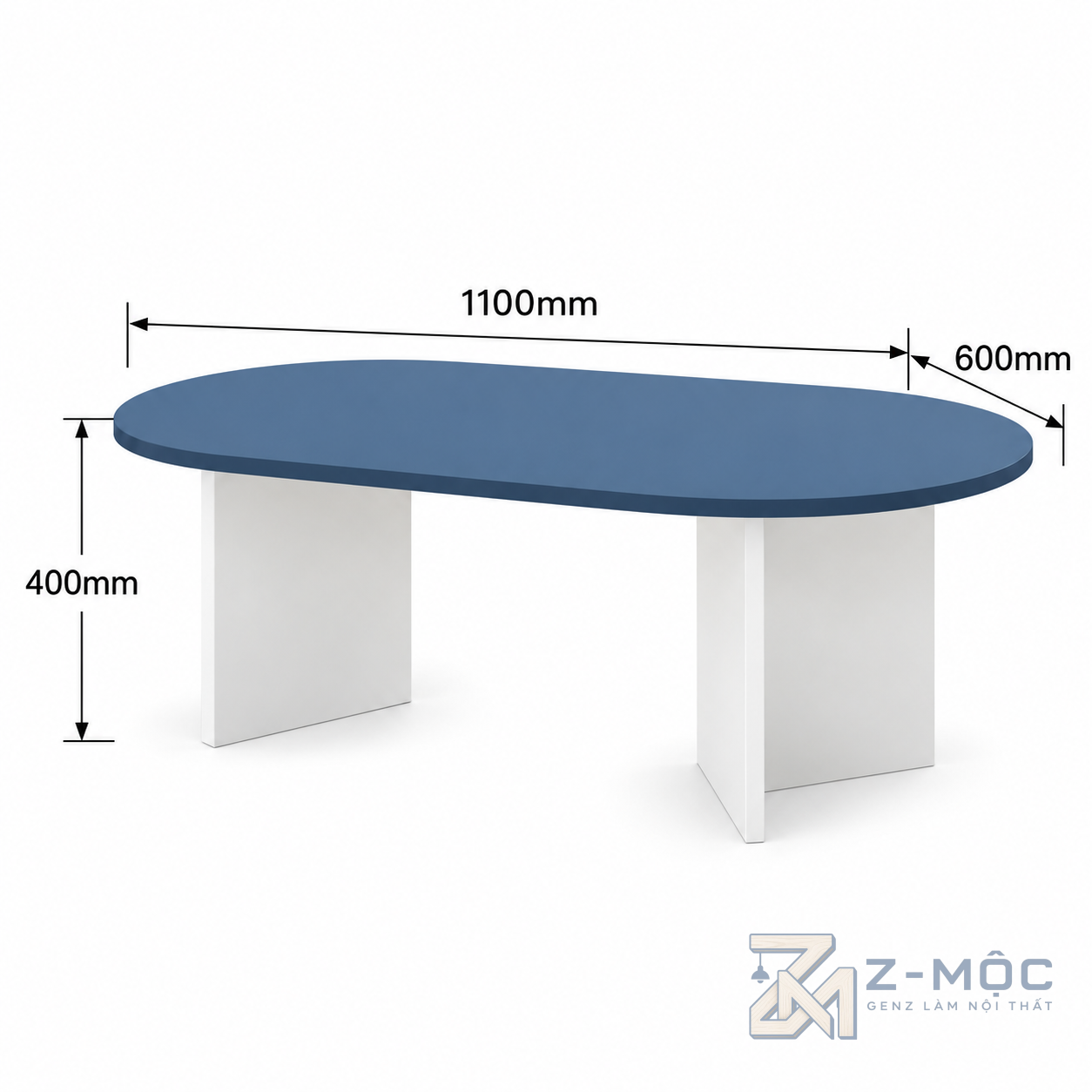 Kích thước chi tiết Bàn Trà Oval Xanh Phối Trắng Hiện Đại ZM-91005