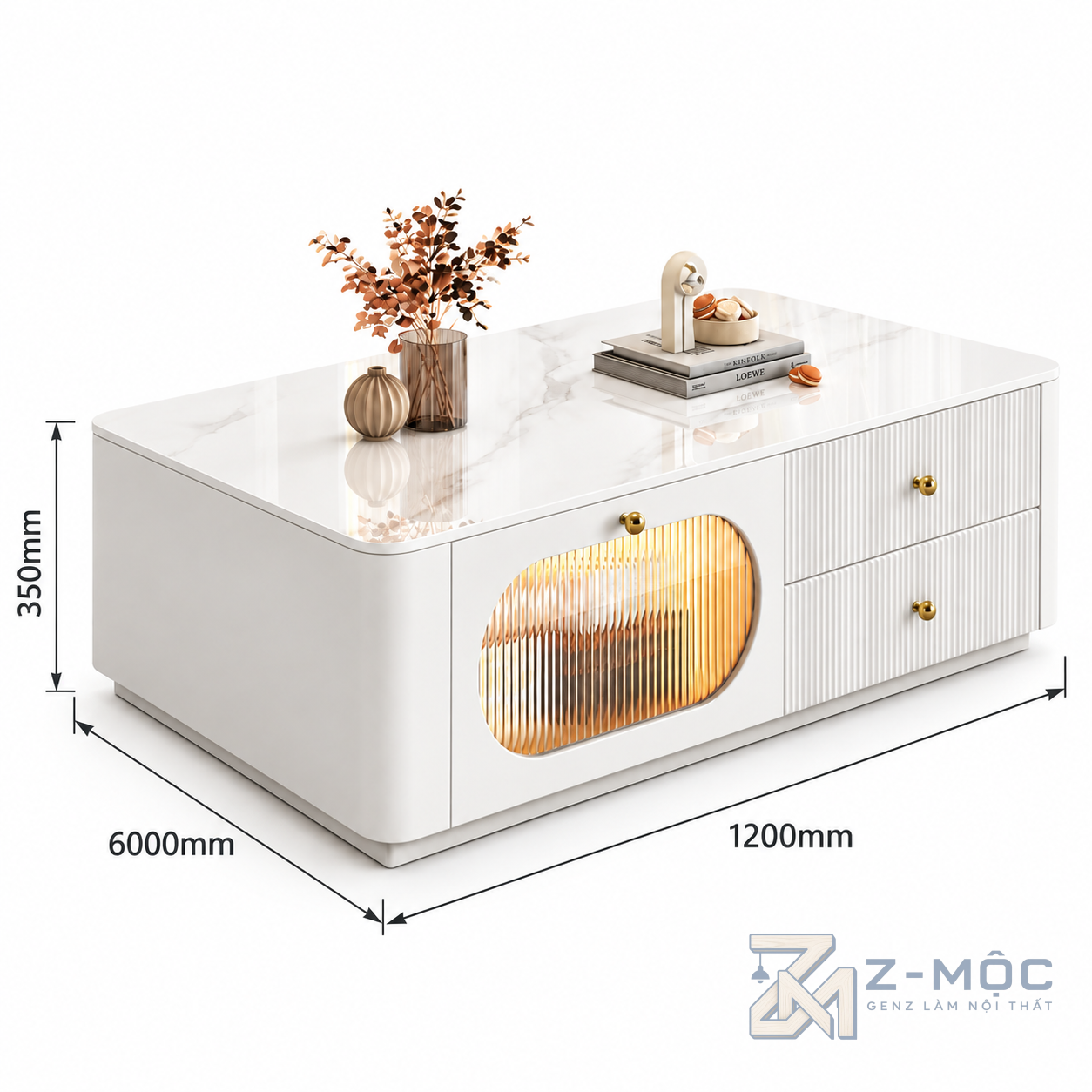 Kích thước chi tiết Bàn Trà Sơn Trắng Cánh Kính Đẹp Độc Đáo Hiện Đại ZM-91012