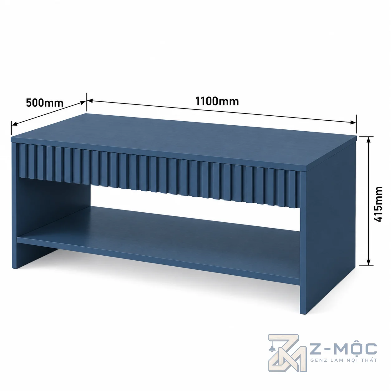 Kích thước chi tiết Bàn Trà Thiết Kế Nan Dọc Có Kệ Để Đồ ZM-91007