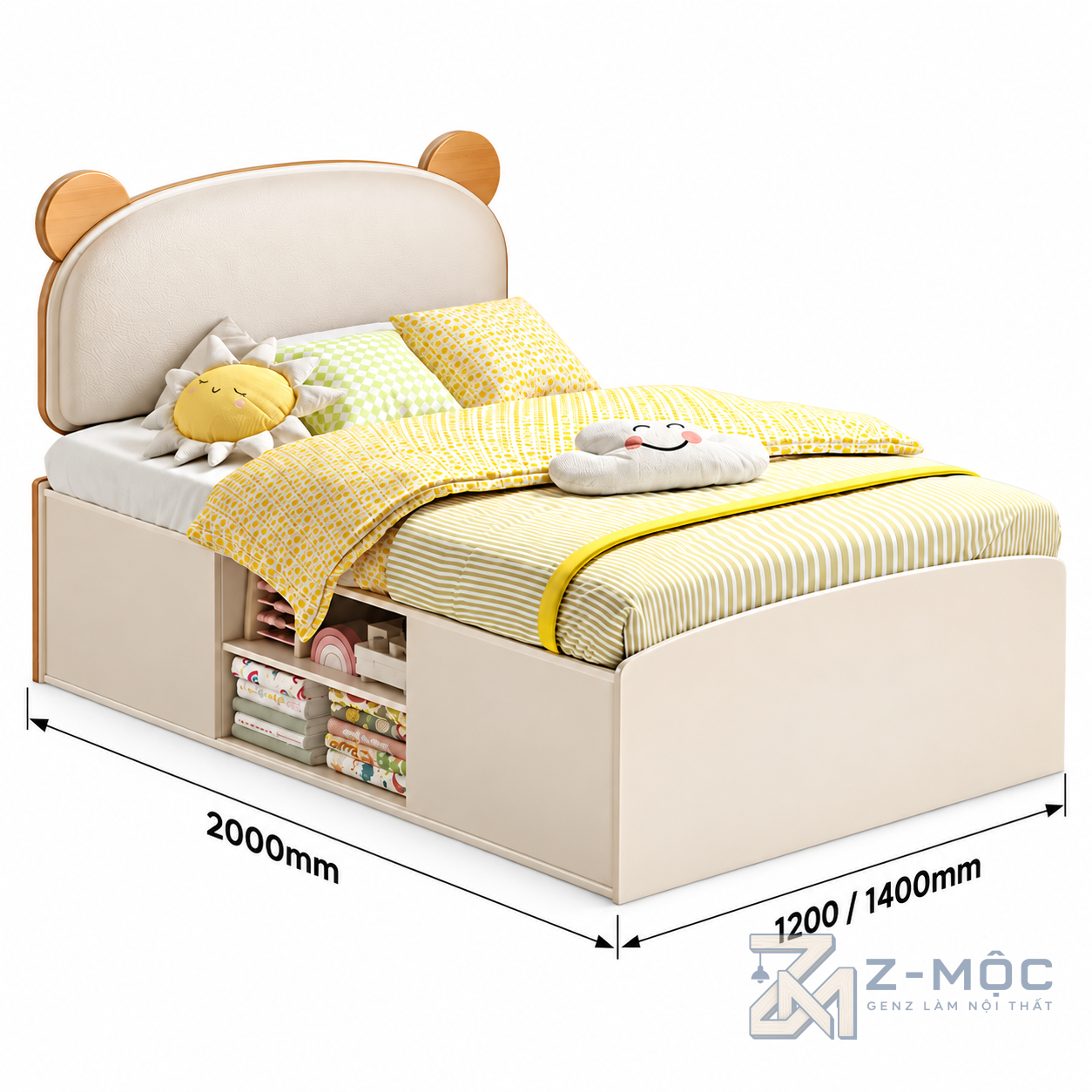 Kích thước chi tiết Giường Ngủ Bé Bọc Nệm Tai Gấu Có Hộc Đồ ZM-11055