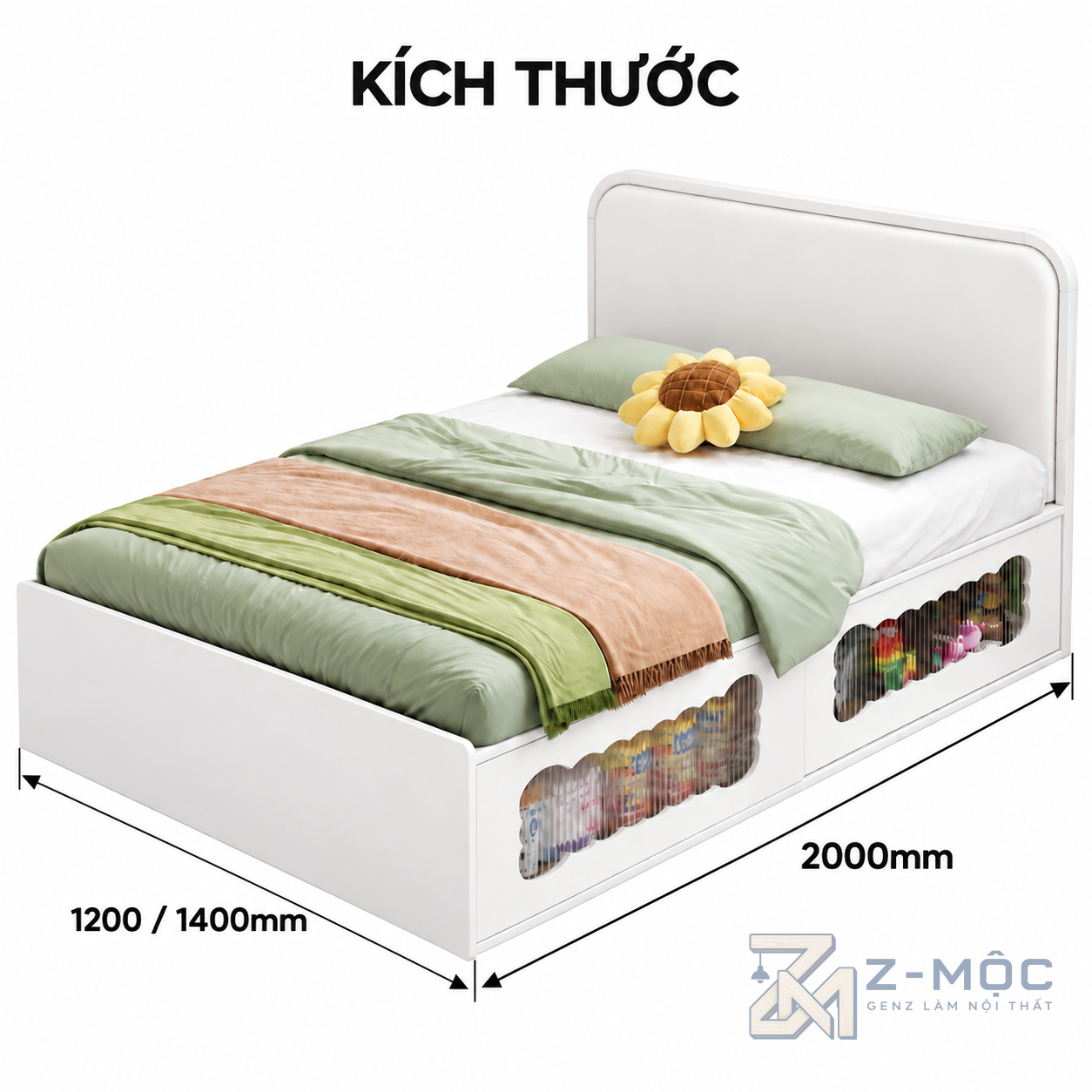 Kích thước chi tiết Giường Ngủ Cho Bé Có Hộc Để Đồ Tiện Lợi ZM-11054