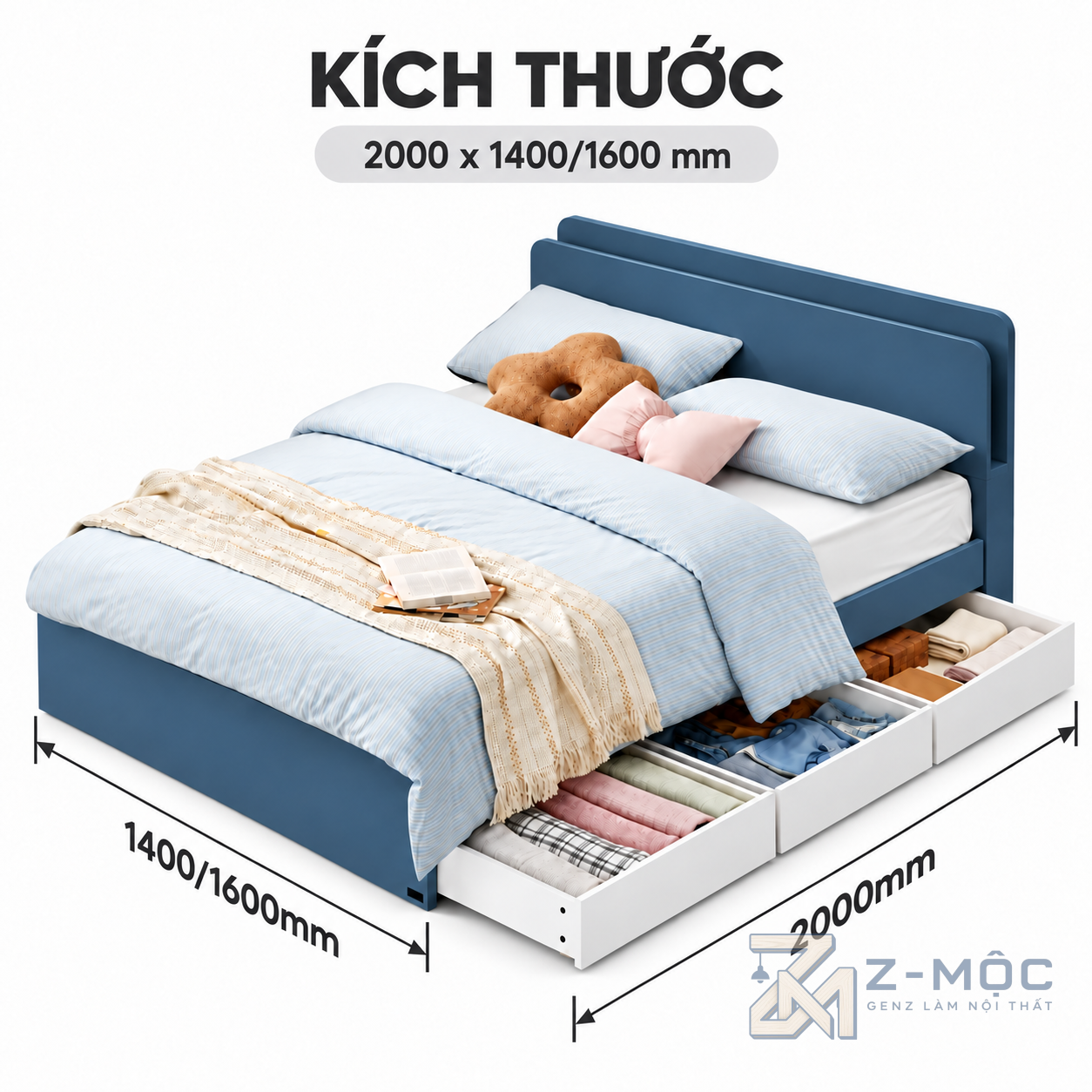 Kích thước chi tiết Giường Ngủ Gỗ Có Ngăn Kéo Đơn Giản, Gọn Đẹp ZM-11056