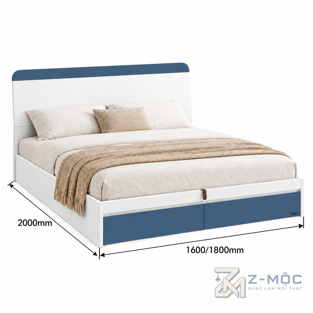 Kích thước chi tiết Giường ngủ ngăn kéo màu trắng xanh hiện đại ZM-11057