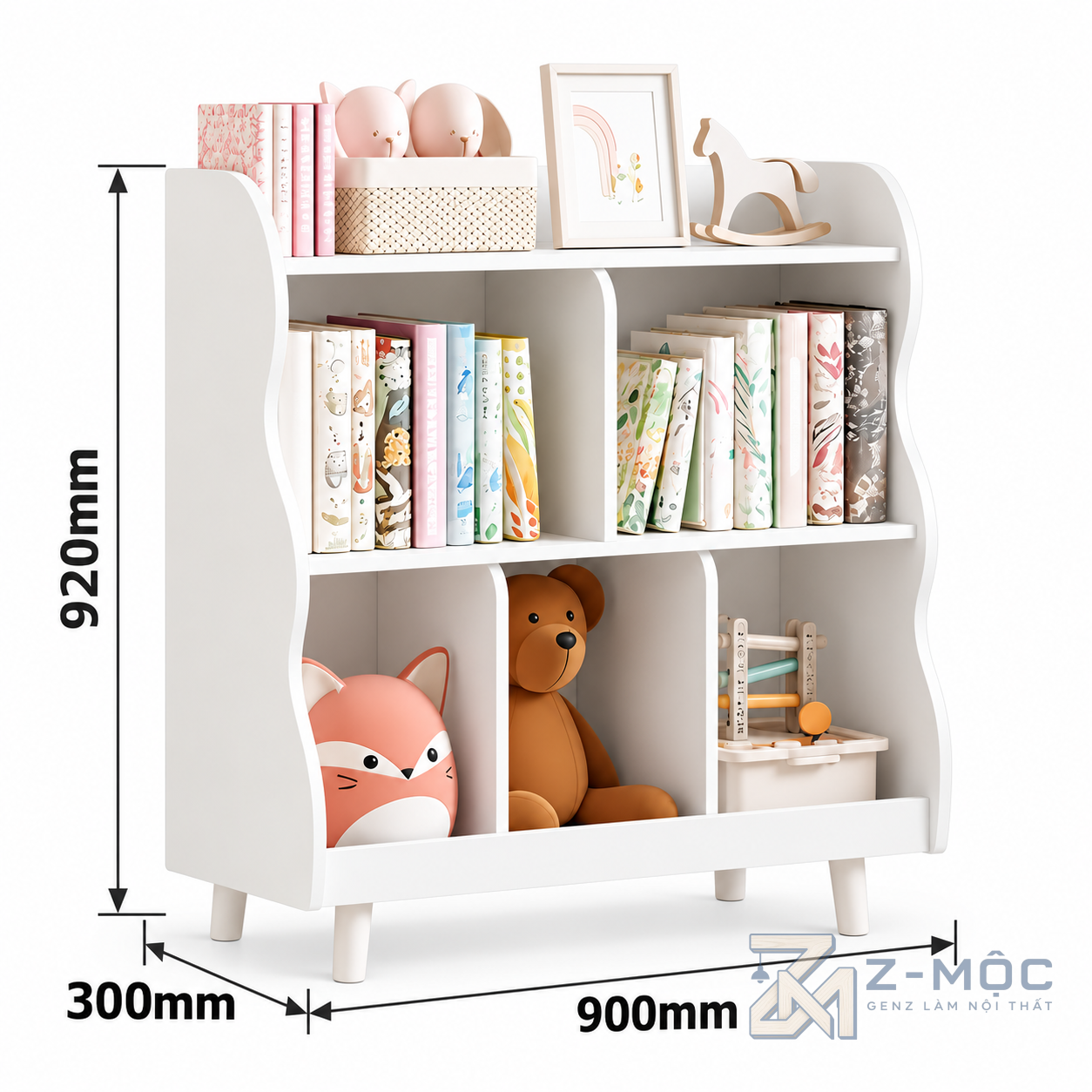 Kích thước chi tiết Kệ Sách Nhiều Ngăn Để Đồ Cho Bé Màu Trắng ZM-71014