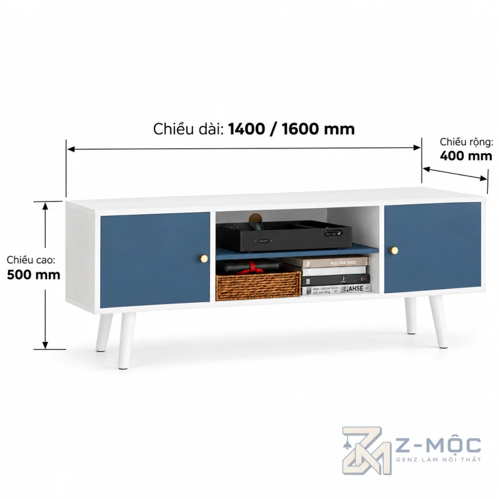 Kích thước chi tiết Kệ Tivi Chân Gỗ Thiết Kế Gọn Gàng Hiện Đại ZM-90014