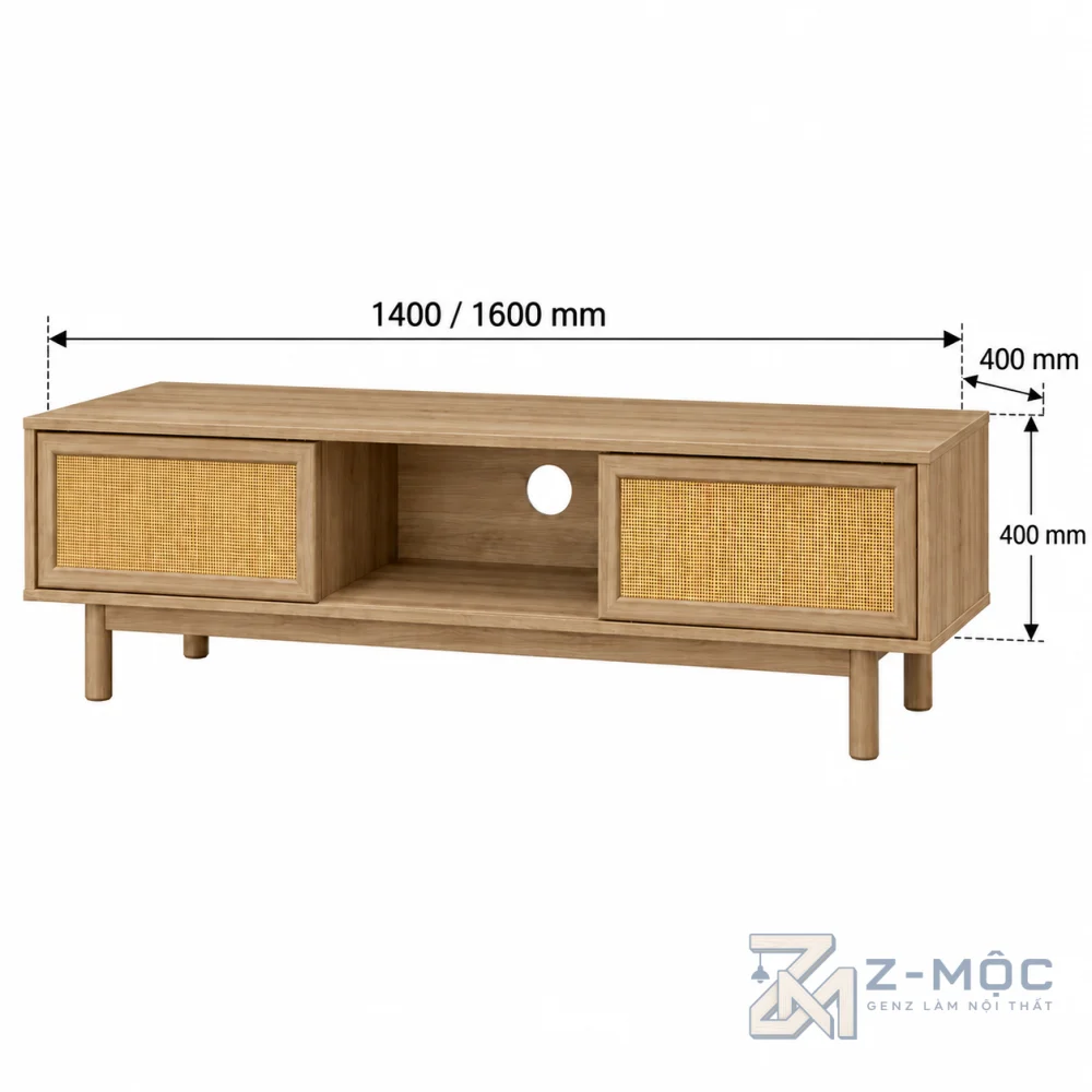 Kích thước chi tiết Kệ Tivi Gỗ Công Nghiệp Phối Mây Đan Hiện Đại ZM-90015