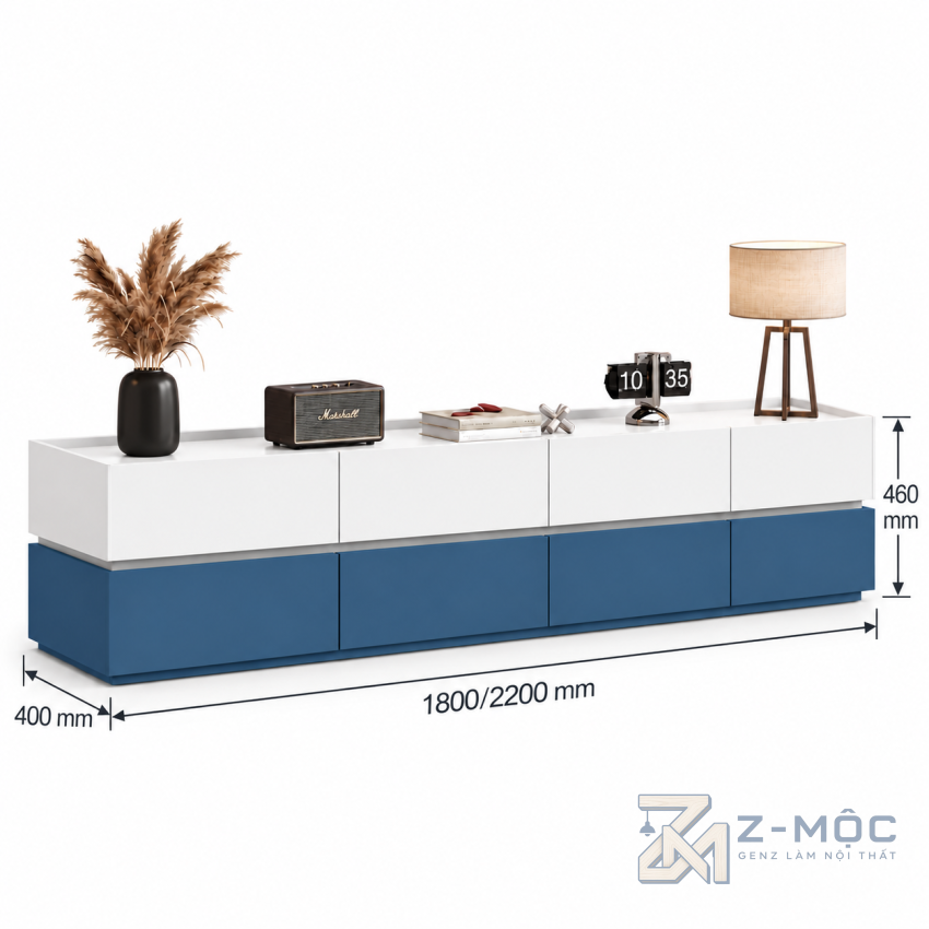 Kích thước chi tiết Kệ Tivi Hai Tầng Xanh Trắng Dáng Dài Hiện Đại ZM-90016