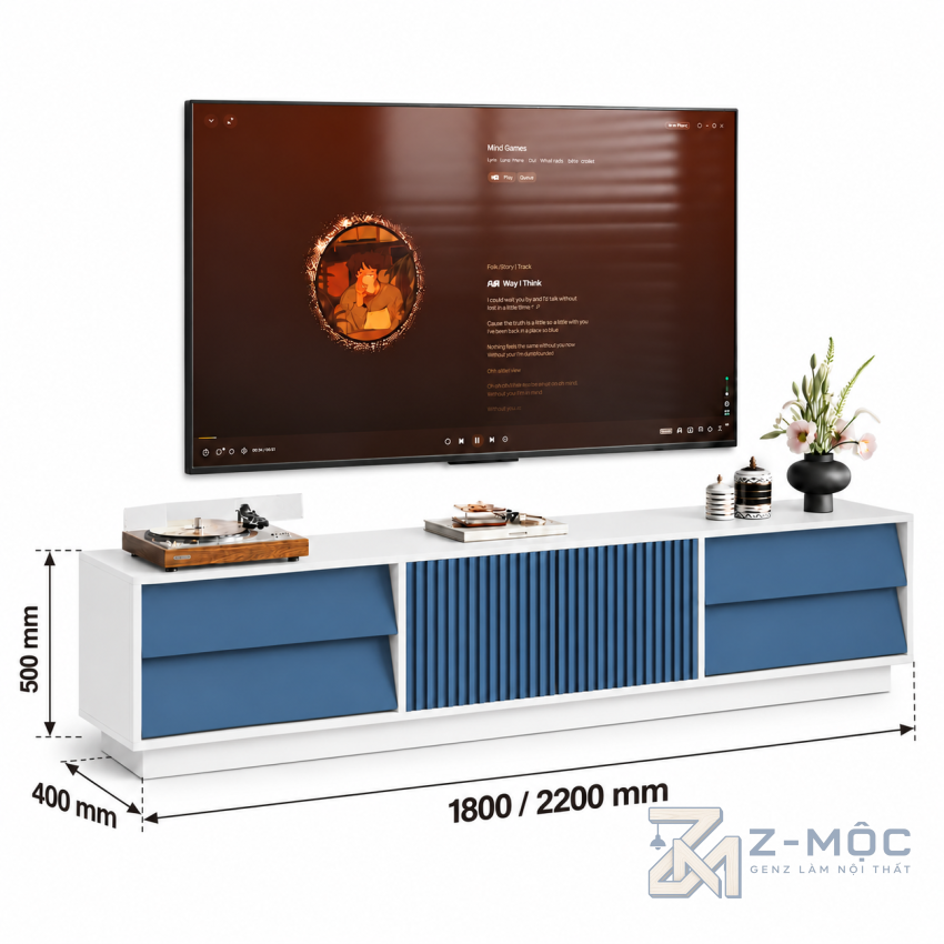 Kích thước chi tiết Kệ Tivi Trắng Xanh Cánh Nan Dọc Thiết Kế Hiện Đại ZM-90017